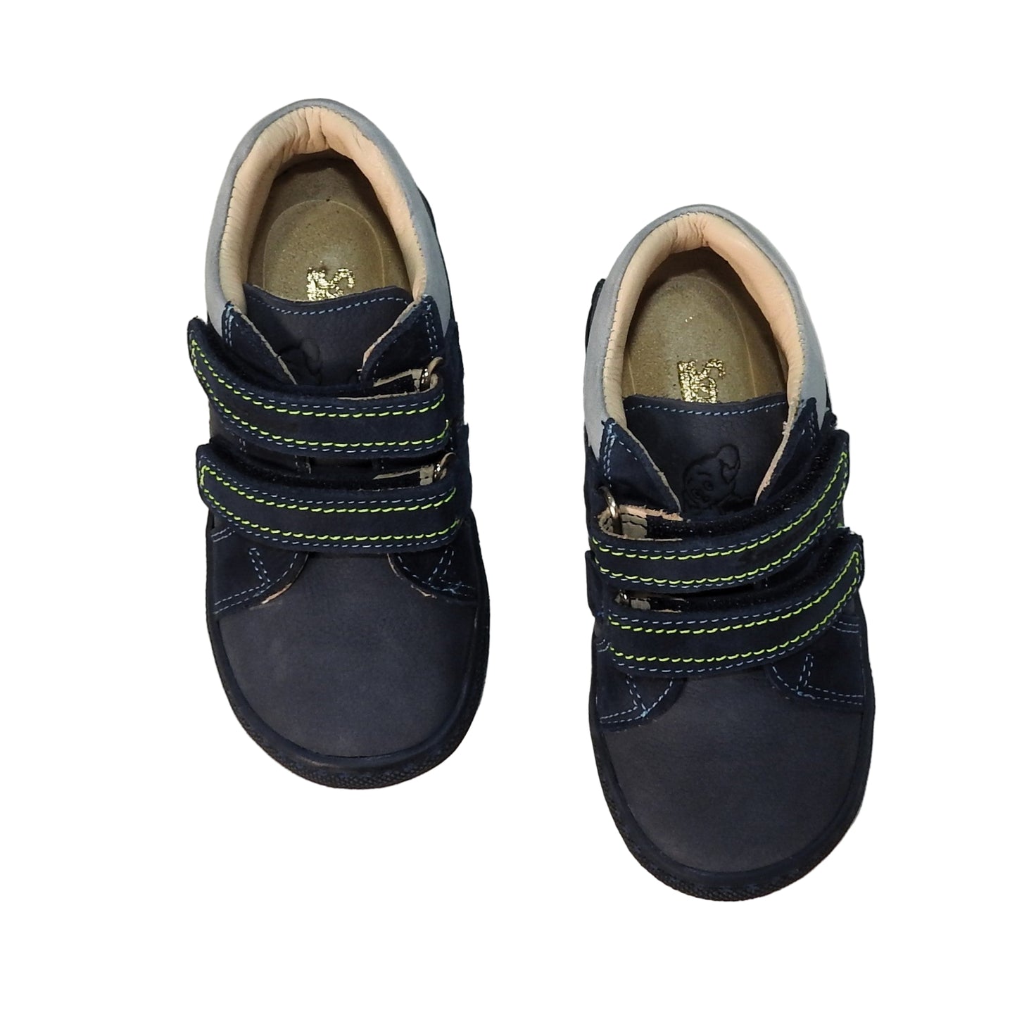 Szamos Kids Boys’ Genuine Leather Shoes – Ergonomic Supportive Sole, Stable Heel, Flexible Forefoot, Adjustable Hook & Loop Straps, Embroidered – Navy with Seal & Ball Design