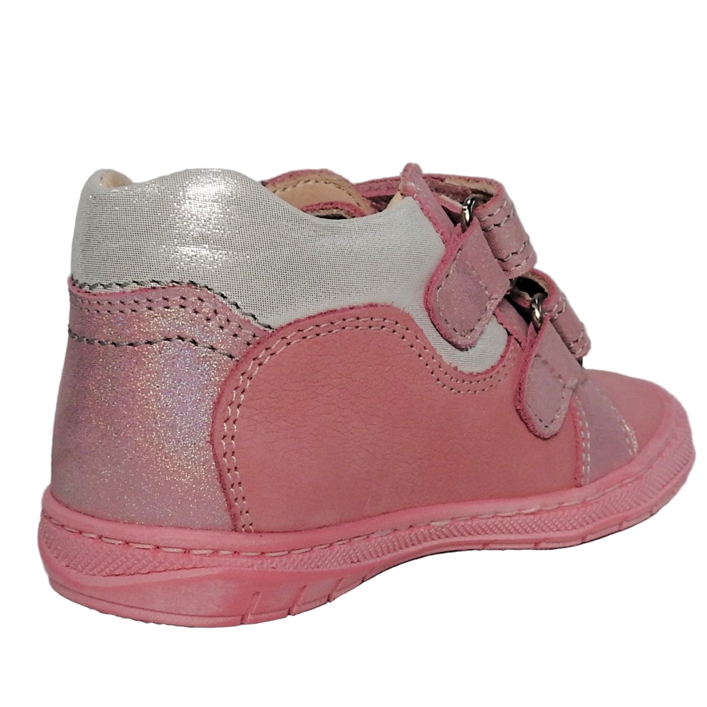 Szamos Girls’ Genuine Leather Shoes – Ergonomic Supportive Sole, Stable Heel, Flexible Forefoot, Adjustable Hook & Loop Straps, Embroidered Design – Pink/Silver with Ladybug & Flower