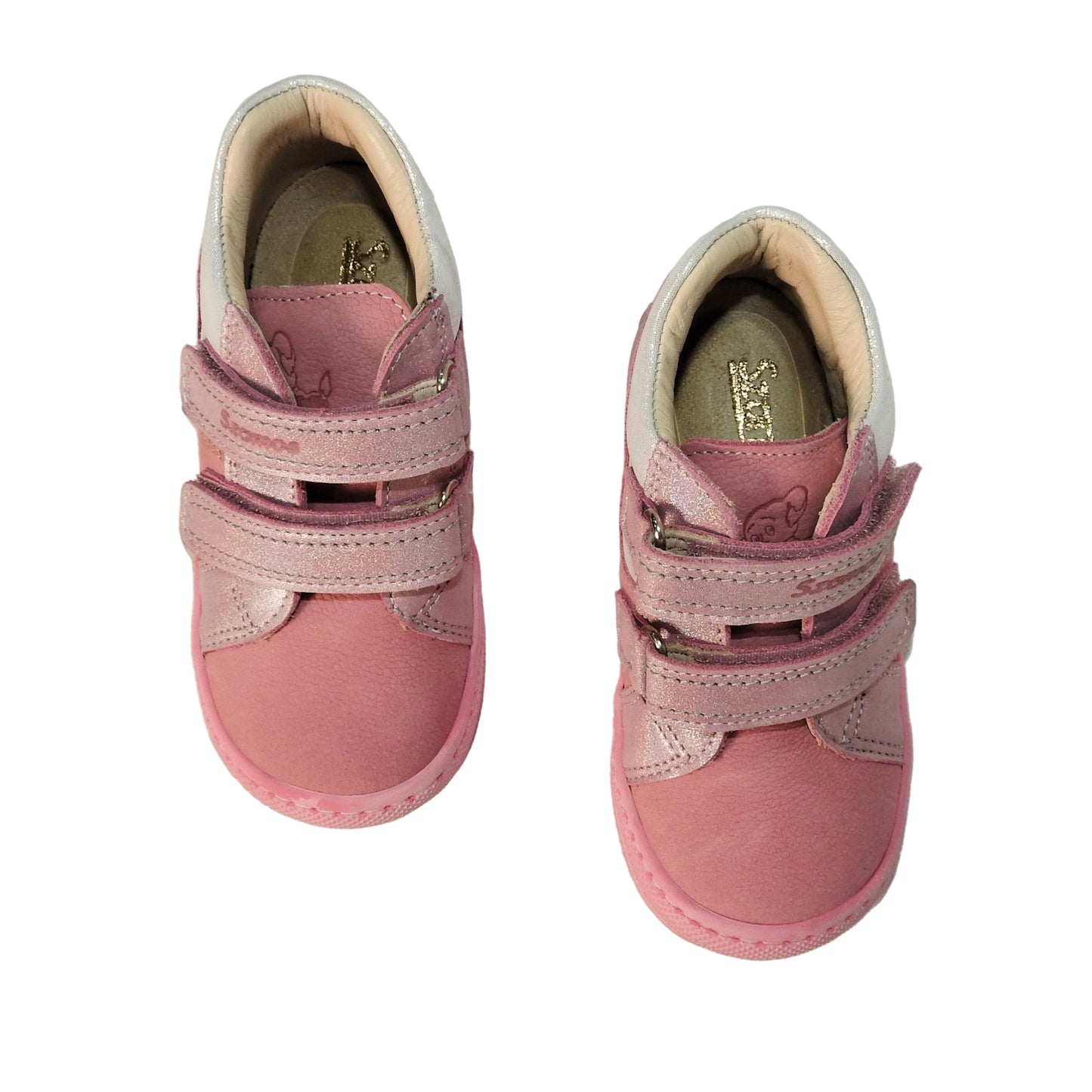 Szamos Girls’ Genuine Leather Shoes – Ergonomic Supportive Sole, Stable Heel, Flexible Forefoot, Adjustable Hook & Loop Straps, Embroidered Design – Pink/Silver with Ladybug & Flower