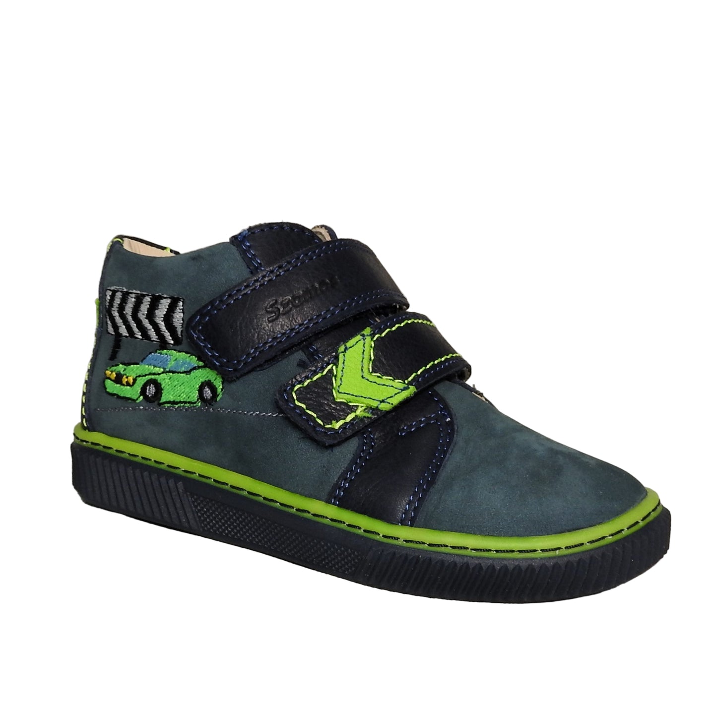 Szamos Kids Boys’ Genuine Leather Shoes – Ergonomic Supportive Sole, Stable Heel, Flexible Forefoot, Adjustable Hook & Loop Straps, Embroidered Design – Navy Blue/Green with Race Car Design