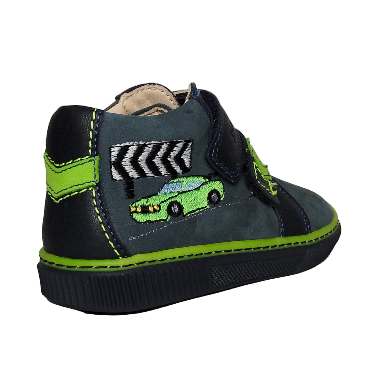 Szamos Kids Boys’ Genuine Leather Shoes – Ergonomic Supportive Sole, Stable Heel, Flexible Forefoot, Adjustable Hook & Loop Straps, Embroidered Design – Navy Blue/Green with Race Car Design