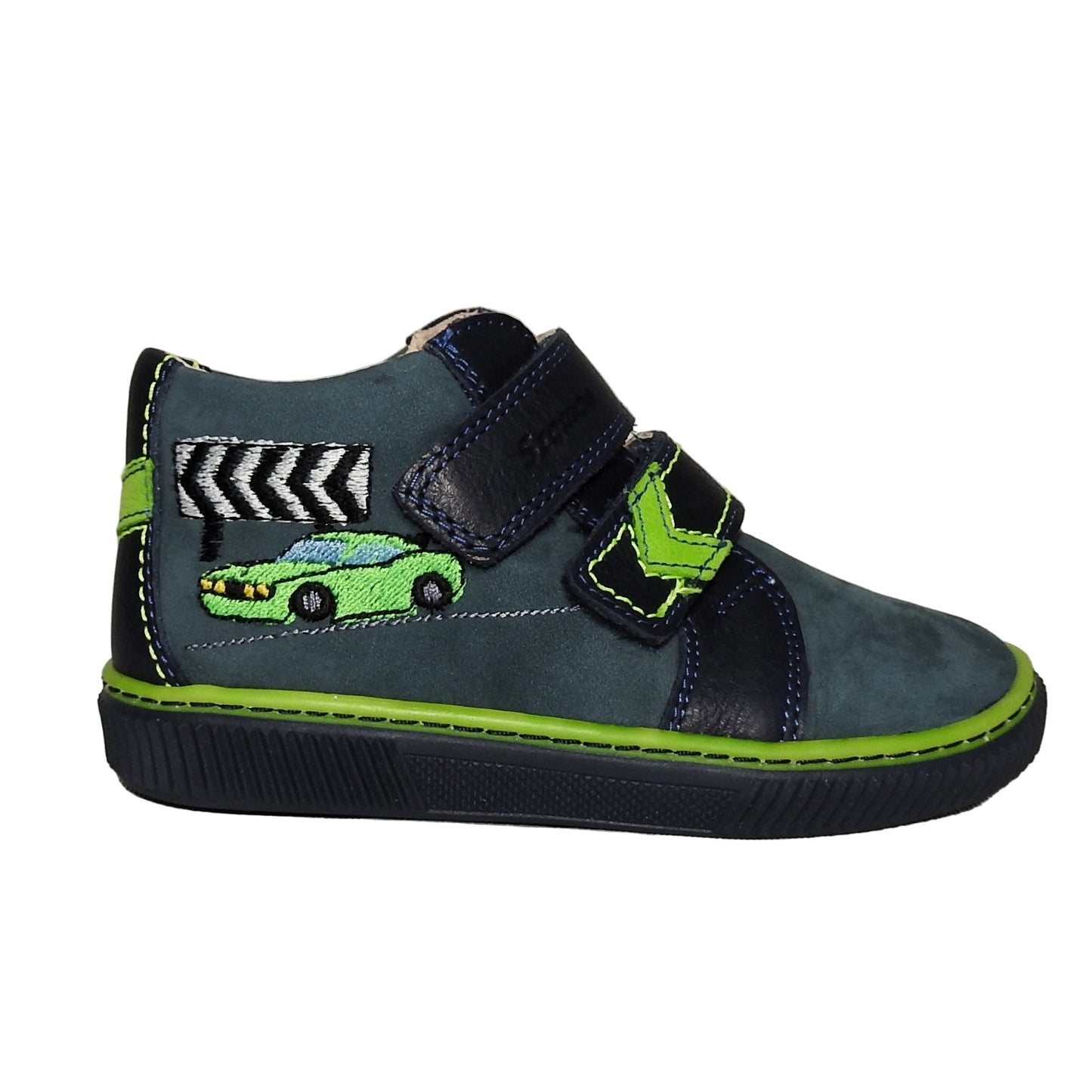 Szamos Kids Boys’ Genuine Leather Shoes – Ergonomic Supportive Sole, Stable Heel, Flexible Forefoot, Adjustable Hook & Loop Straps, Embroidered Design – Navy Blue/Green with Race Car Design