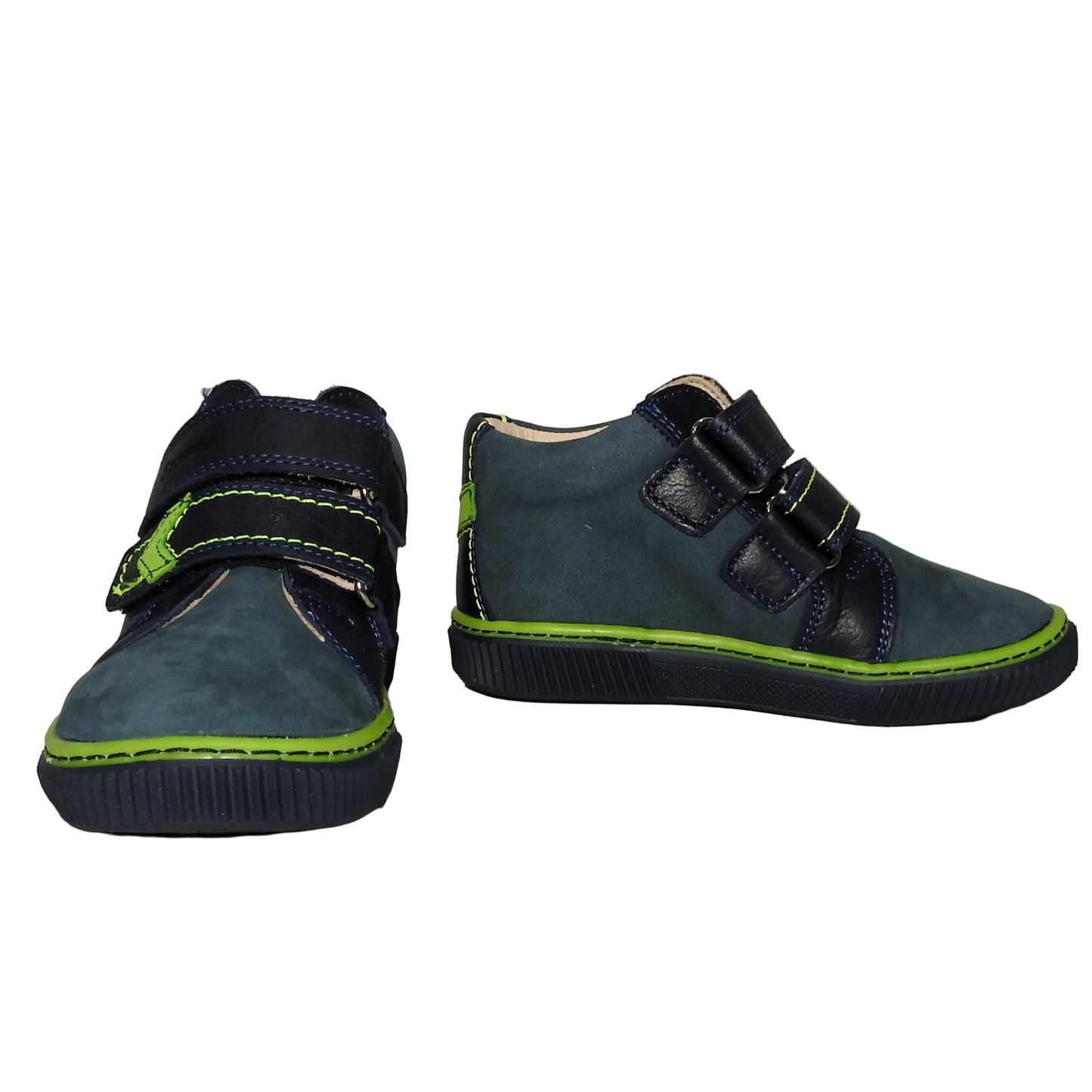 Szamos Kids Boys’ Genuine Leather Shoes – Ergonomic Supportive Sole, Stable Heel, Flexible Forefoot, Adjustable Hook & Loop Straps, Embroidered Design – Navy Blue/Green with Race Car Design