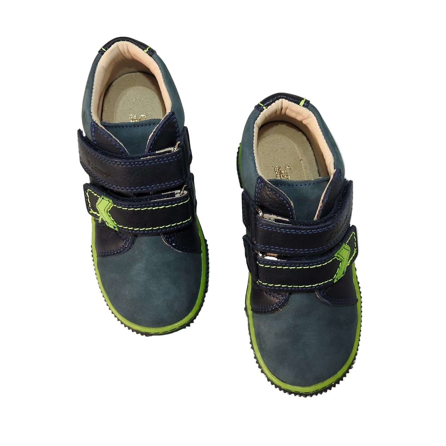 Szamos Kids Boys’ Genuine Leather Shoes – Ergonomic Supportive Sole, Stable Heel, Flexible Forefoot, Adjustable Hook & Loop Straps, Embroidered Design – Navy Blue/Green with Race Car Design