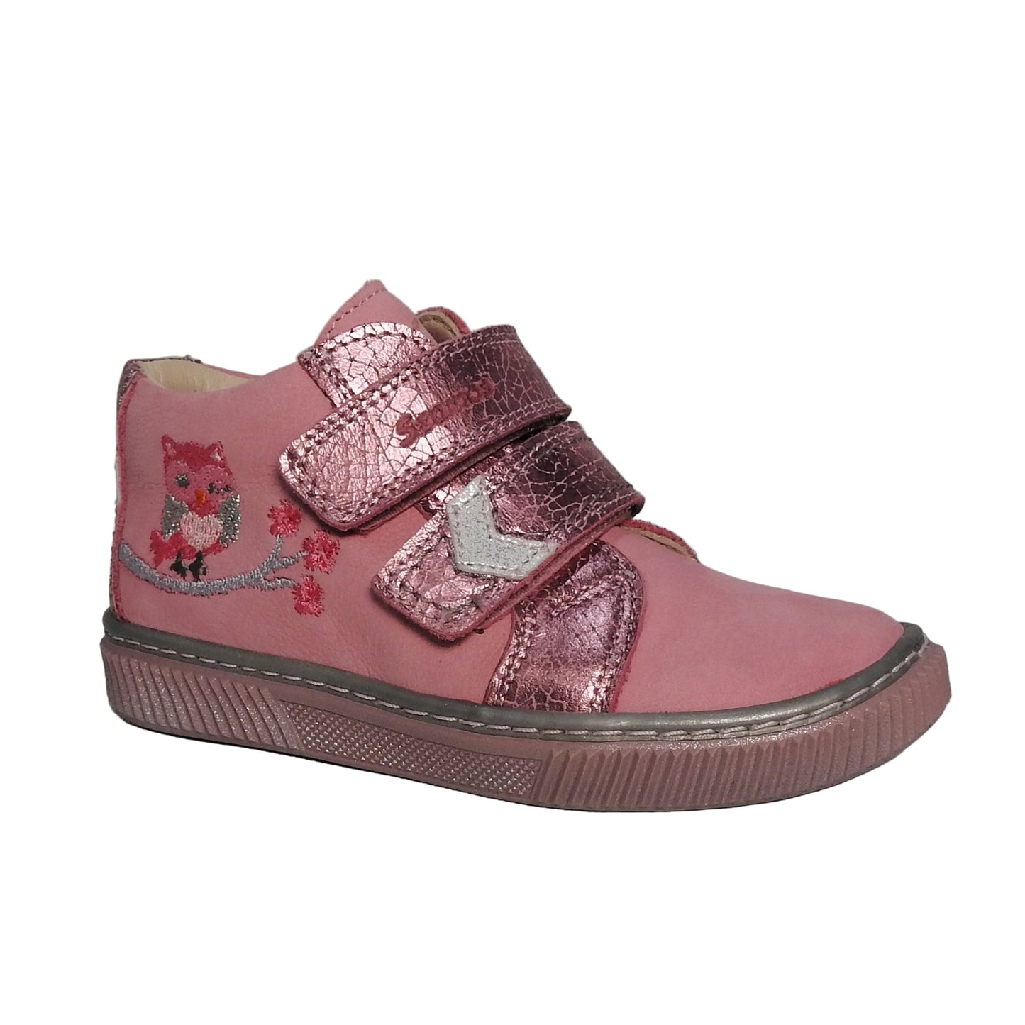 Szamos Kids Girls’ Genuine Leather Shoes – Ergonomic Supportive Sole, Stable Heel, Flexible Forefoot, Adjustable Hook & Loop Straps, Embroidered – Pink/Silver with Owl & Floral Design