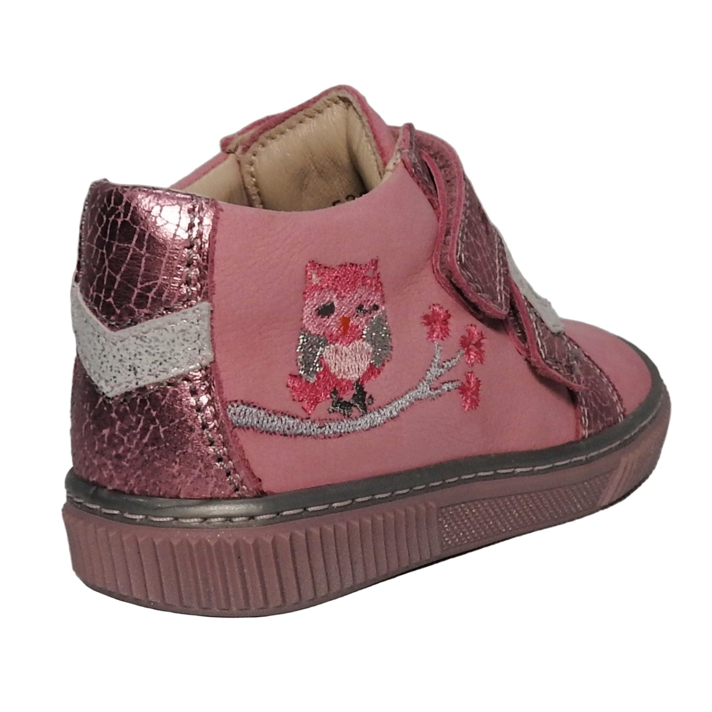 Szamos Kids Girls’ Genuine Leather Shoes – Ergonomic Supportive Sole, Stable Heel, Flexible Forefoot, Adjustable Hook & Loop Straps, Embroidered – Pink/Silver with Owl & Floral Design