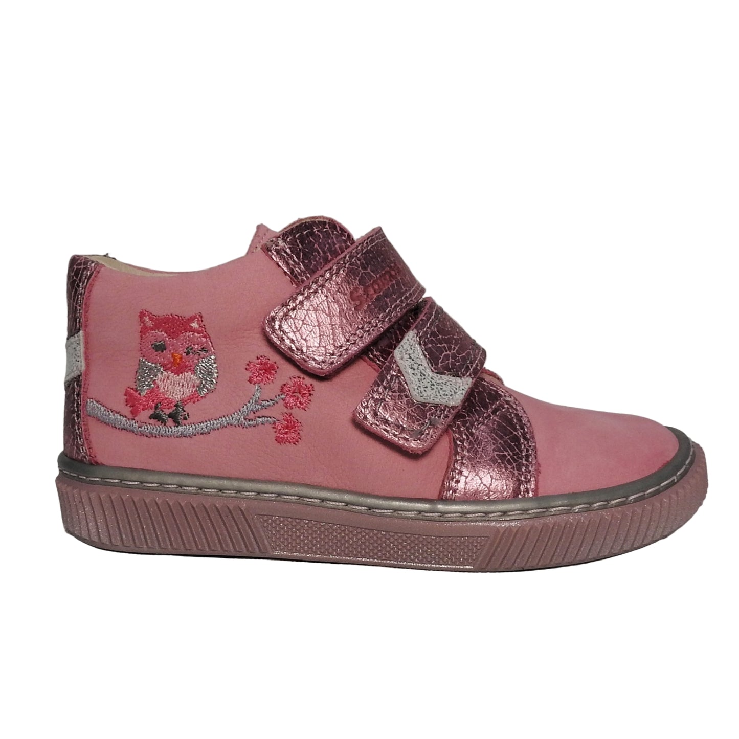 Szamos Kids Girls’ Genuine Leather Shoes – Ergonomic Supportive Sole, Stable Heel, Flexible Forefoot, Adjustable Hook & Loop Straps, Embroidered – Pink/Silver with Owl & Floral Design