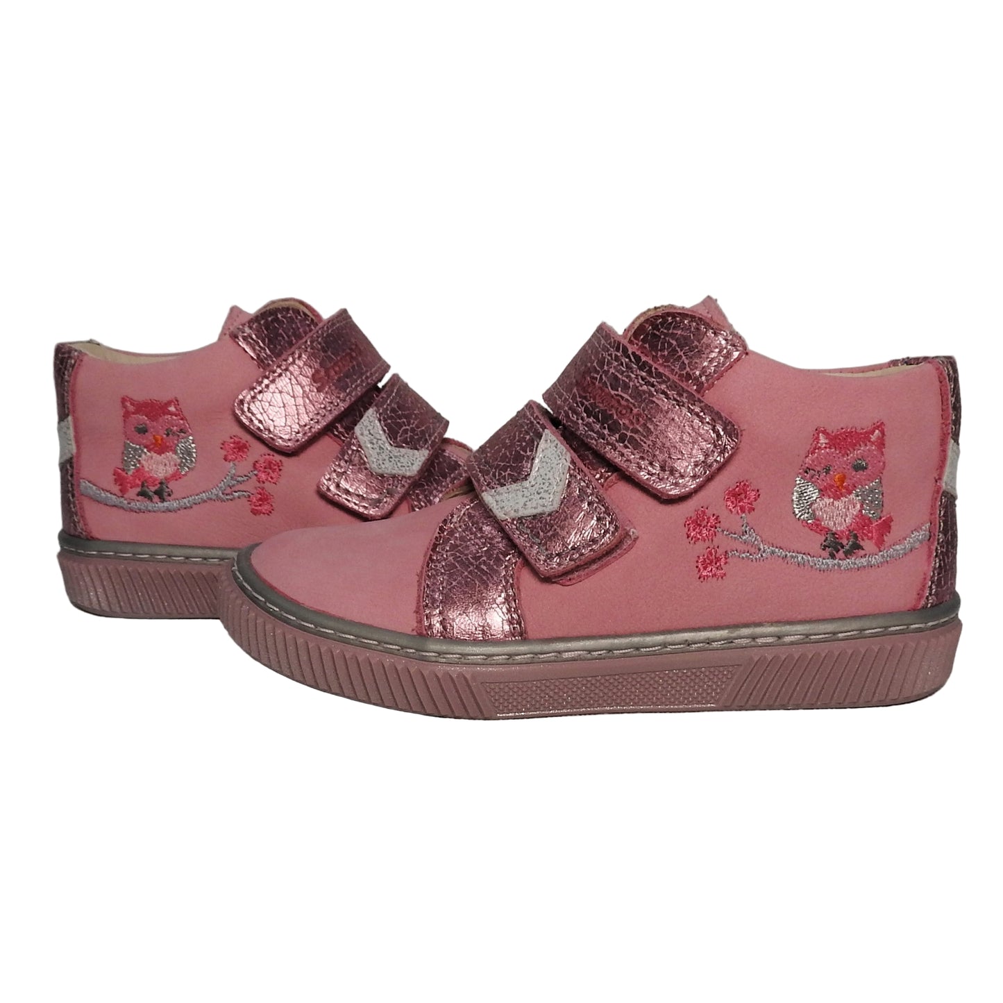 Szamos Kids Girls’ Genuine Leather Shoes – Ergonomic Supportive Sole, Stable Heel, Flexible Forefoot, Adjustable Hook & Loop Straps, Embroidered – Pink/Silver with Owl & Floral Design