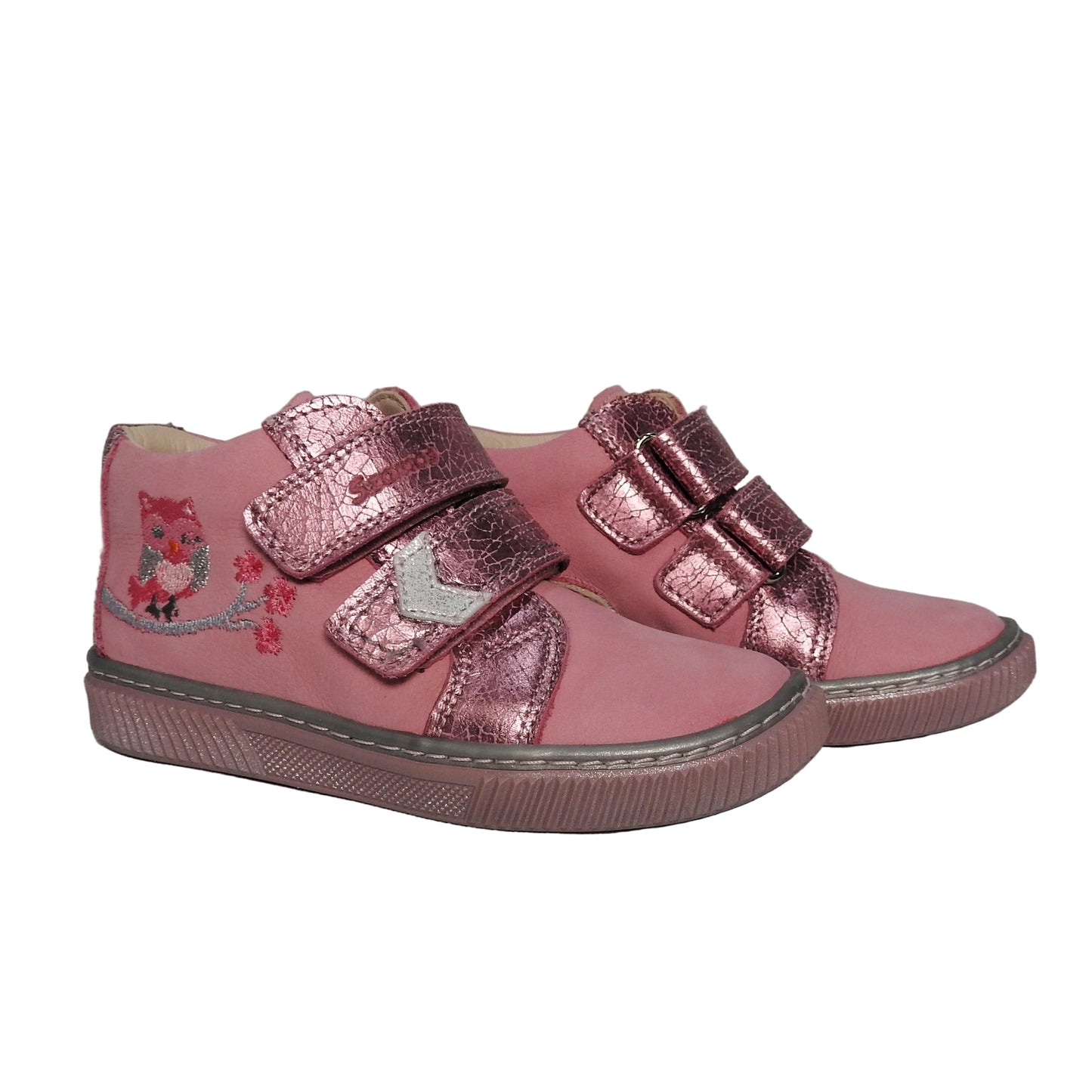 Szamos Kids Girls’ Genuine Leather Shoes – Ergonomic Supportive Sole, Stable Heel, Flexible Forefoot, Adjustable Hook & Loop Straps, Embroidered – Pink/Silver with Owl & Floral Design