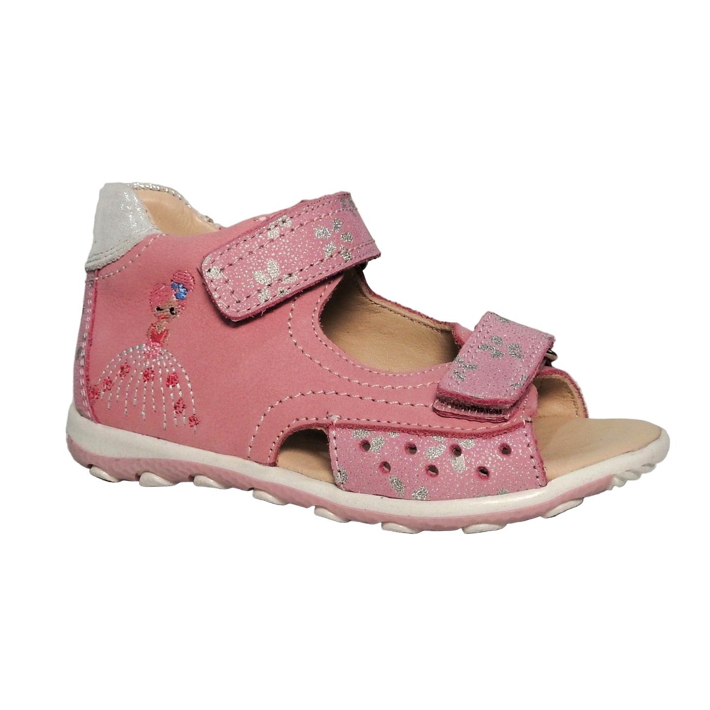 Szamos Kids Girls’ Genuine Leather Sandals – Ergonomic Supportive Sole, Stable Heel, Adjustable Hook & Loop Straps, Embroidered – Pink/Silver with ballerina Design