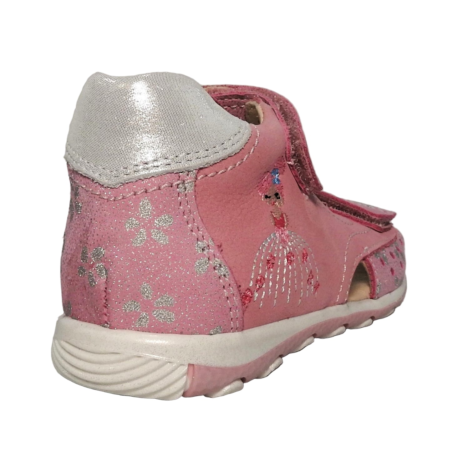 Szamos Kids Girls’ Genuine Leather Sandals – Ergonomic Supportive Sole, Stable Heel, Adjustable Hook & Loop Straps, Embroidered – Pink/Silver with ballerina Design