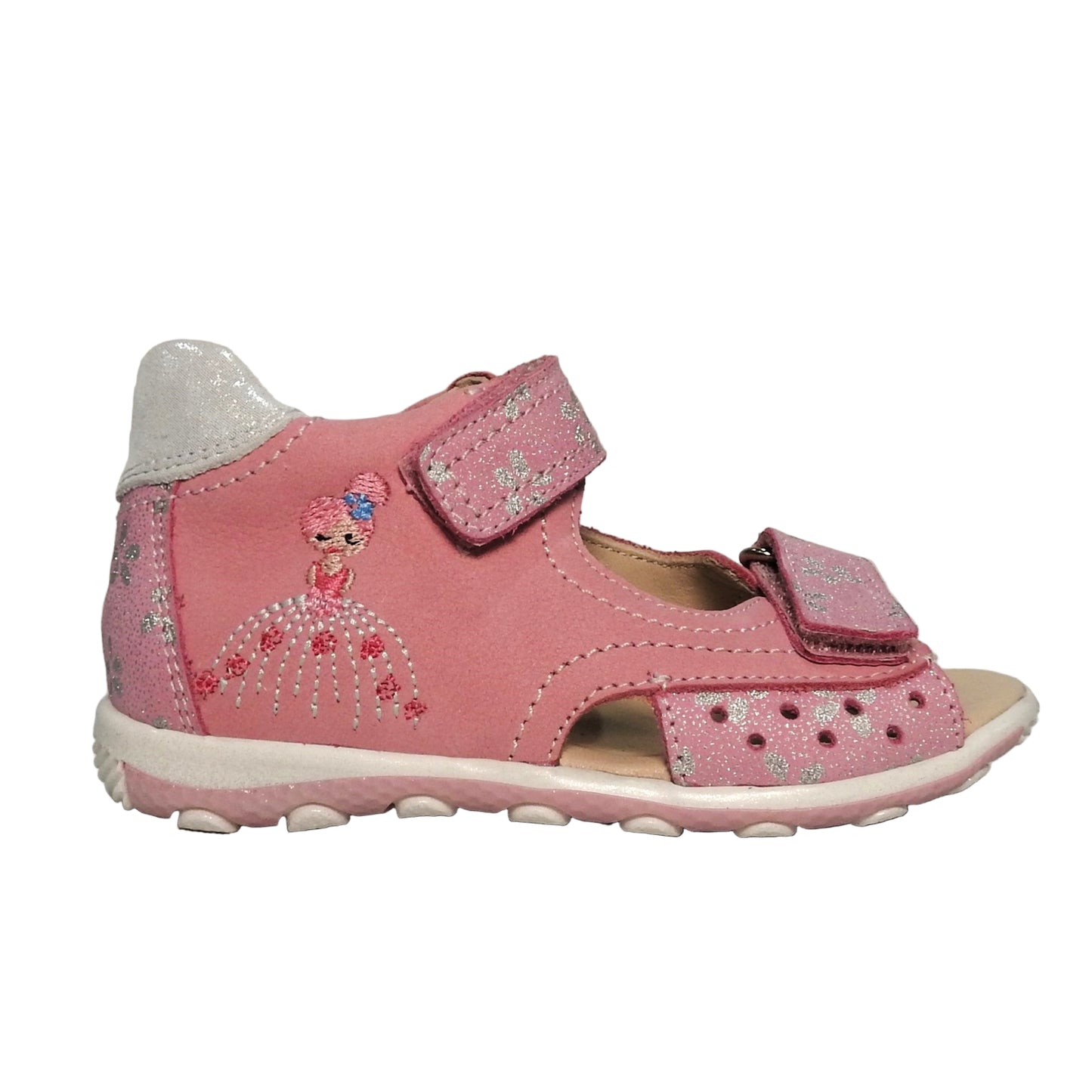 Szamos Kids Girls’ Genuine Leather Sandals – Ergonomic Supportive Sole, Stable Heel, Adjustable Hook & Loop Straps, Embroidered – Pink/Silver with ballerina Design