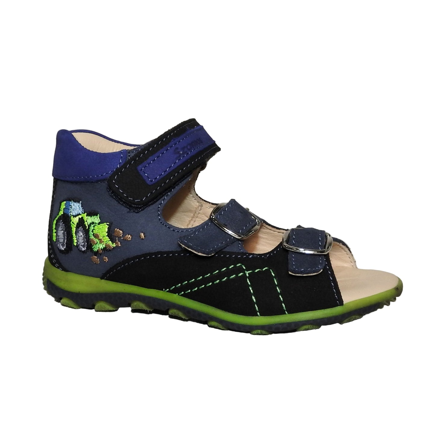 Szamos Kids Boys’ Genuine Leather Sandals – Ergonomic Supportive Sole, Stable Heel, Adjustable Hook & Loop Straps, Embroidered – Navy Blue/Green with Farmer Tractor Design