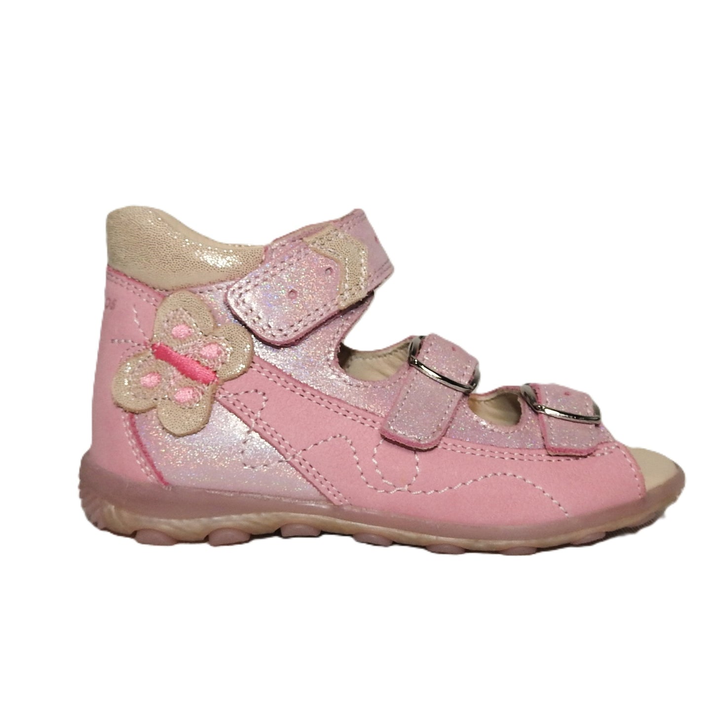 Szamos Kids Girls’ Genuine Leather Sandals – Ergonomic Supportive Sole, Stable Heel, Flexible Forefoot, Adjustable Hook & Loop Straps, Embroidered – Pink/Silver with Butterfly Design