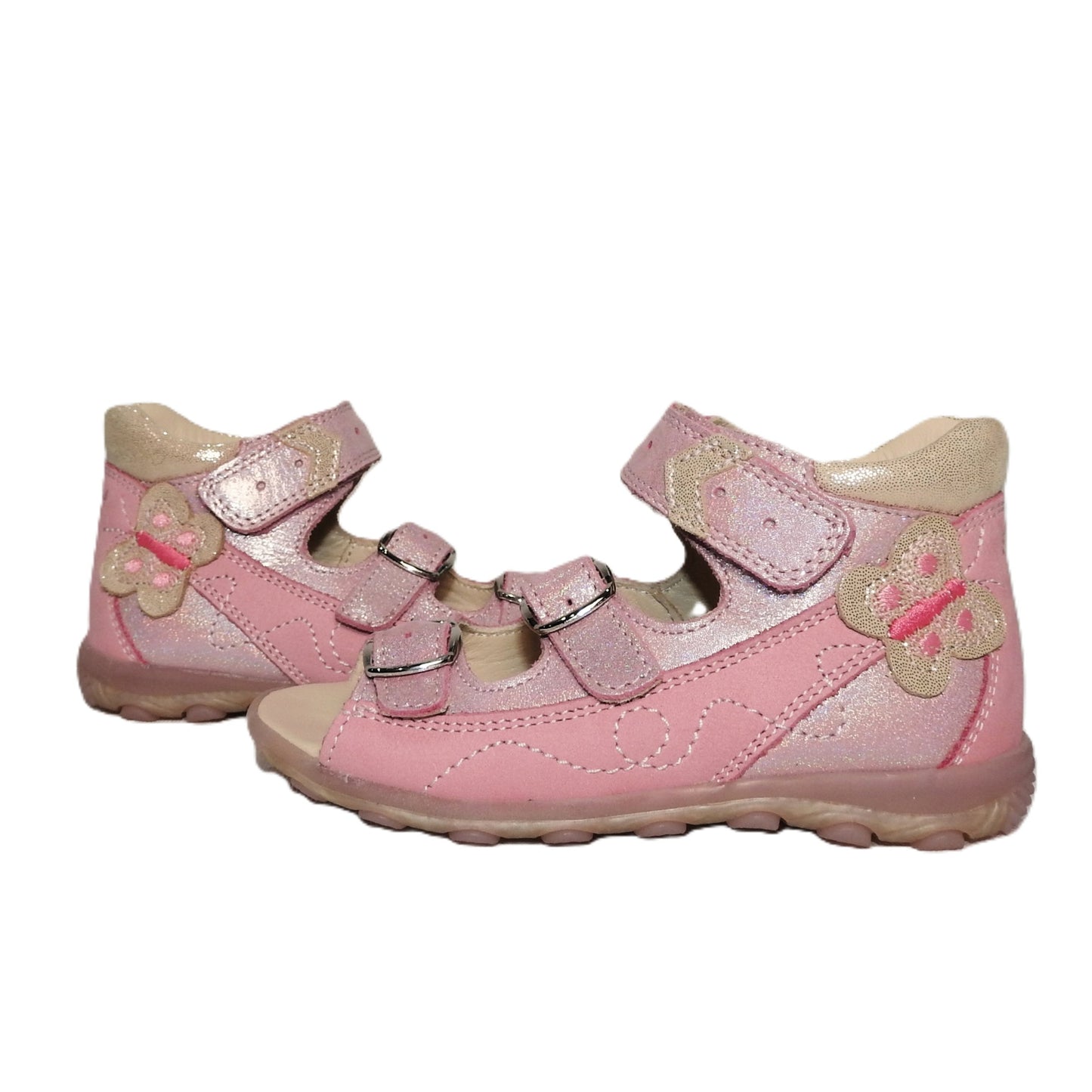 Szamos Kids Girls’ Genuine Leather Sandals – Ergonomic Supportive Sole, Stable Heel, Flexible Forefoot, Adjustable Hook & Loop Straps, Embroidered – Pink/Silver with Butterfly Design