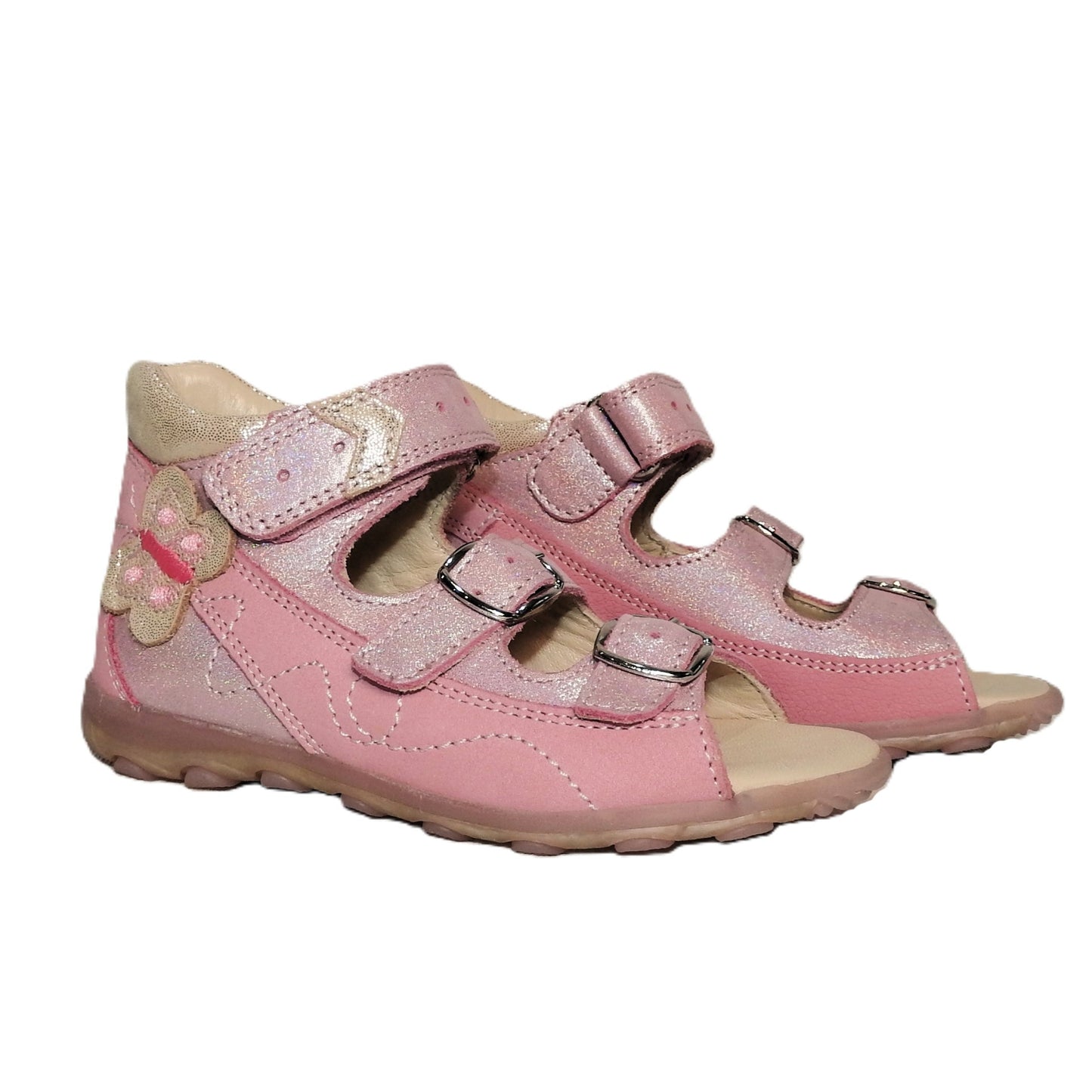 Szamos Kids Girls’ Genuine Leather Sandals – Ergonomic Supportive Sole, Stable Heel, Flexible Forefoot, Adjustable Hook & Loop Straps, Embroidered – Pink/Silver with Butterfly Design