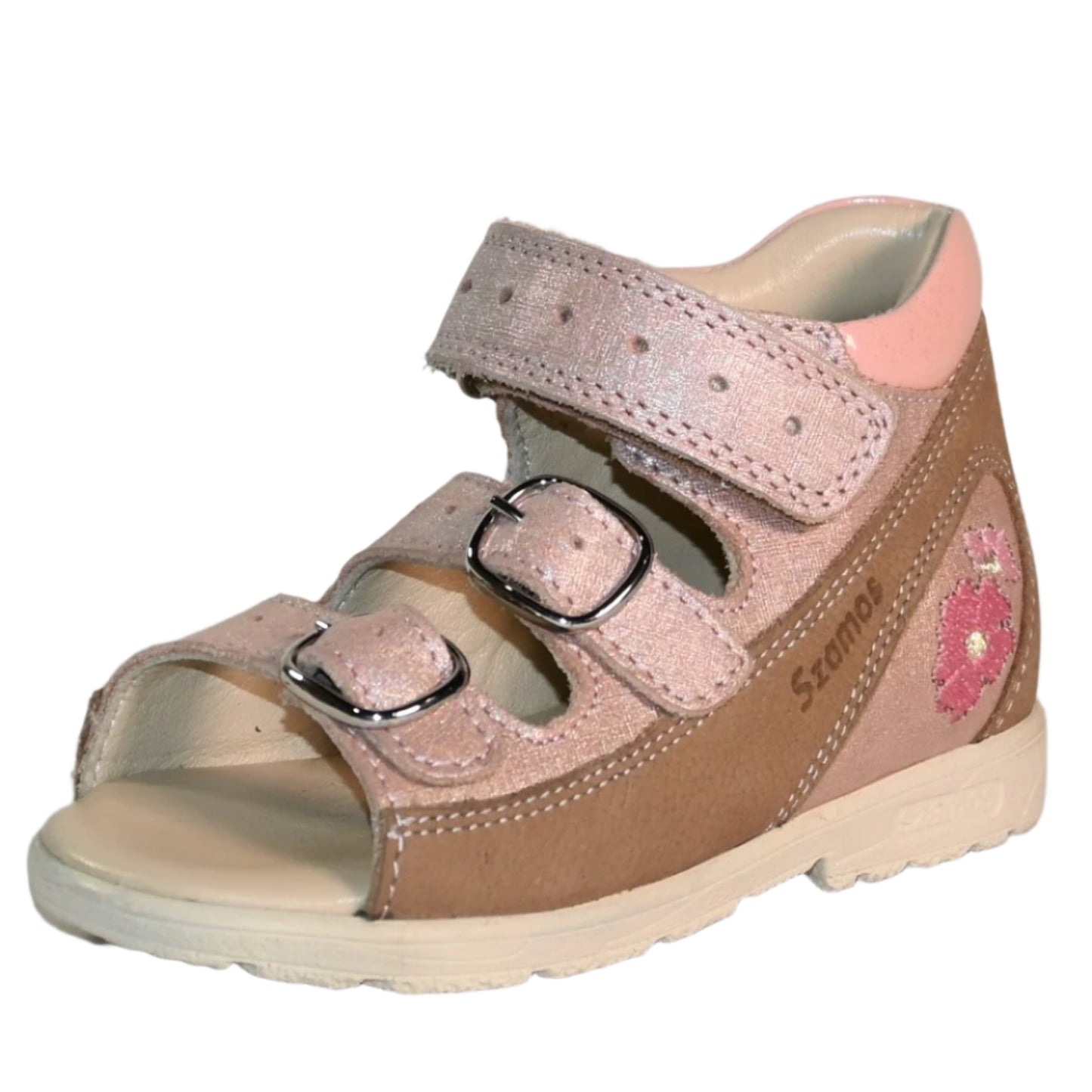Szamos Kids Girls’ Genuine Leather Orthopedic Corrective Sandals – Arch Support Shoes for Flat Feet & Overpronation with Adjustable Hook-and-Loop Straps, Pink Metallic Floral