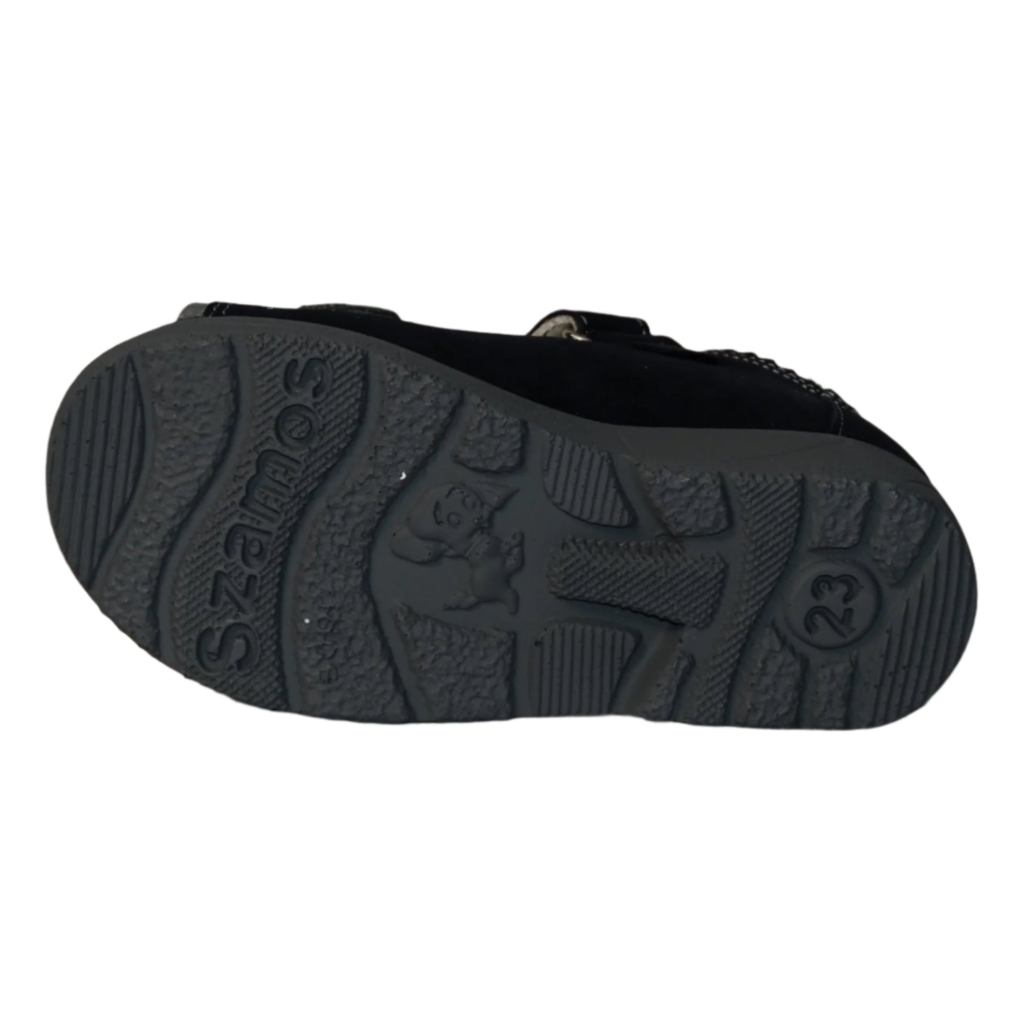Szamos Kids Boys' Leather Orthopedic Corrective Sandals – Arch Support Shoes for Flat Feet & Overpronation with Adjustable Hook-and-Loop Straps, Navy blue with green off-road car design.