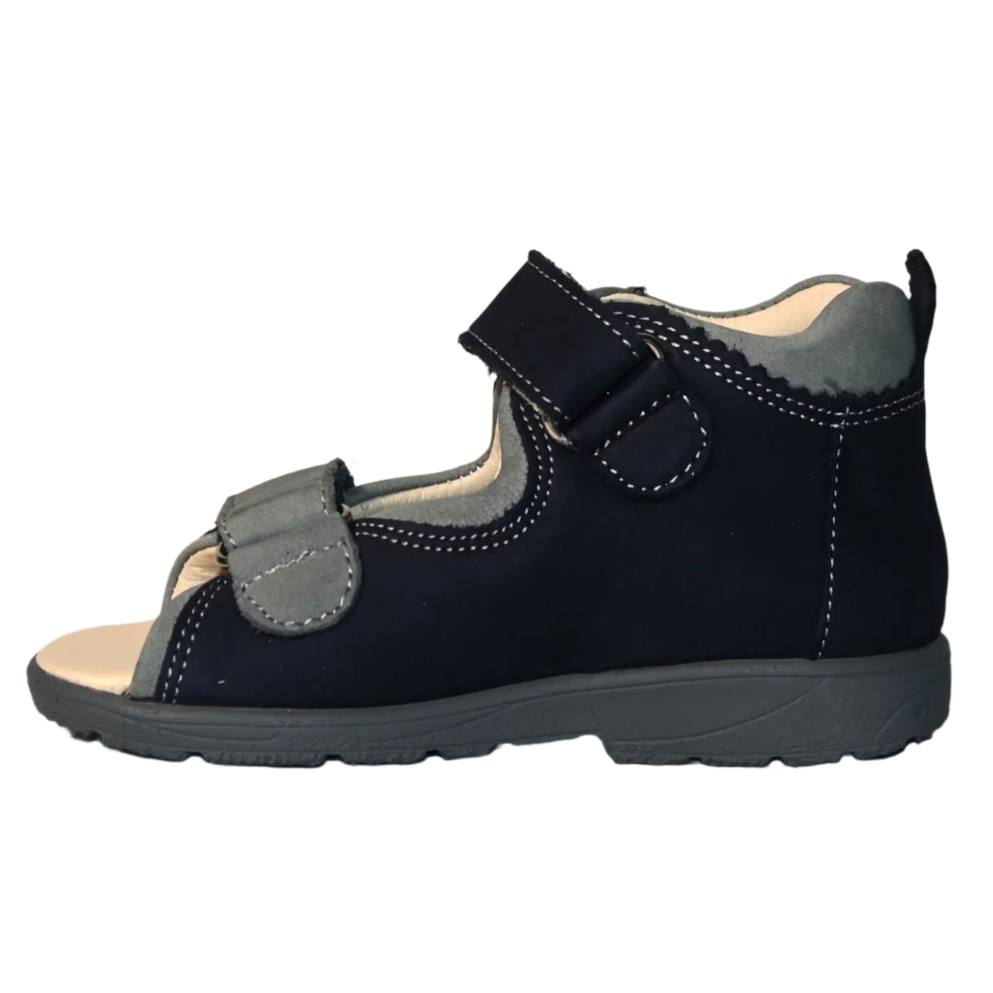 Szamos Kids Boys' Leather Orthopedic Corrective Sandals – Arch Support Shoes for Flat Feet & Overpronation with Adjustable Hook-and-Loop Straps, Navy blue with green off-road car design.