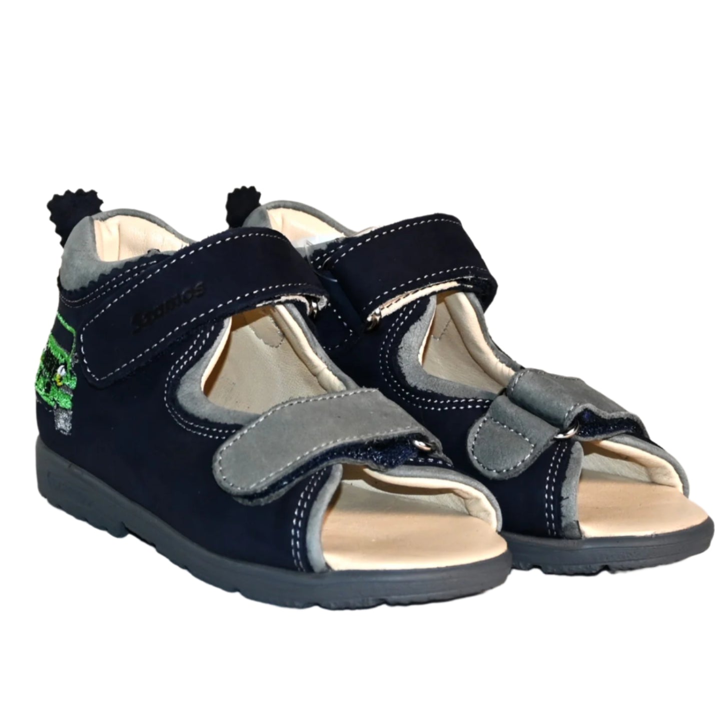 Szamos Kids Boys' Leather Orthopedic Corrective Sandals – Arch Support Shoes for Flat Feet & Overpronation with Adjustable Hook-and-Loop Straps, Navy blue with green off-road car design.