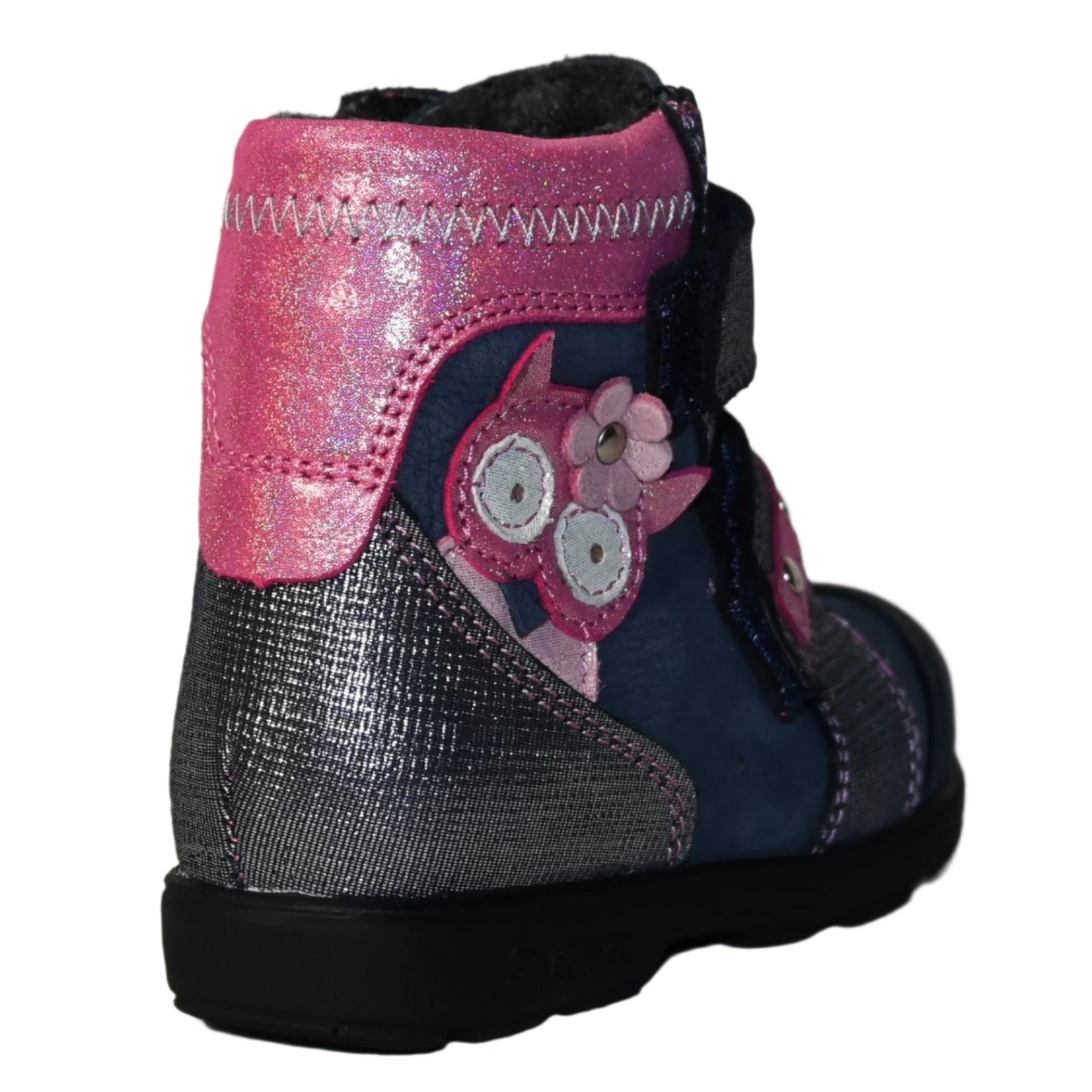 Szamos Kids Girls’ Genuine Leather Orthopedic Boots – Arch Support Shoes for Flat Feet & Overpronation, with Ankle Support, Faux Fur Lining, Adjustable Straps, Navy Blue/Pink/Gray Glitter Owl Design