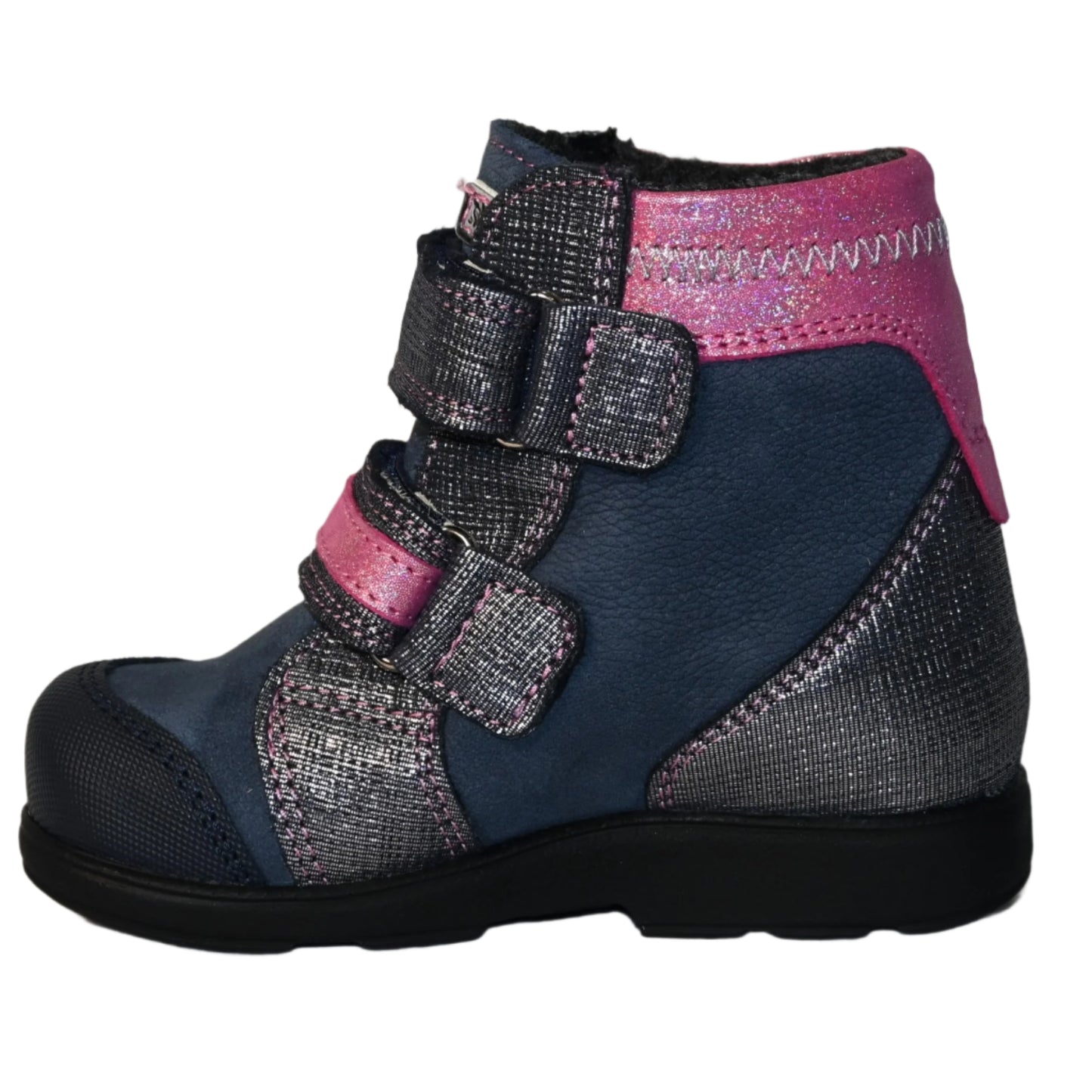 Szamos Kids Girls’ Genuine Leather Orthopedic Boots – Arch Support Shoes for Flat Feet & Overpronation, with Ankle Support, Faux Fur Lining, Adjustable Straps, Navy Blue/Pink/Gray Glitter Owl Design