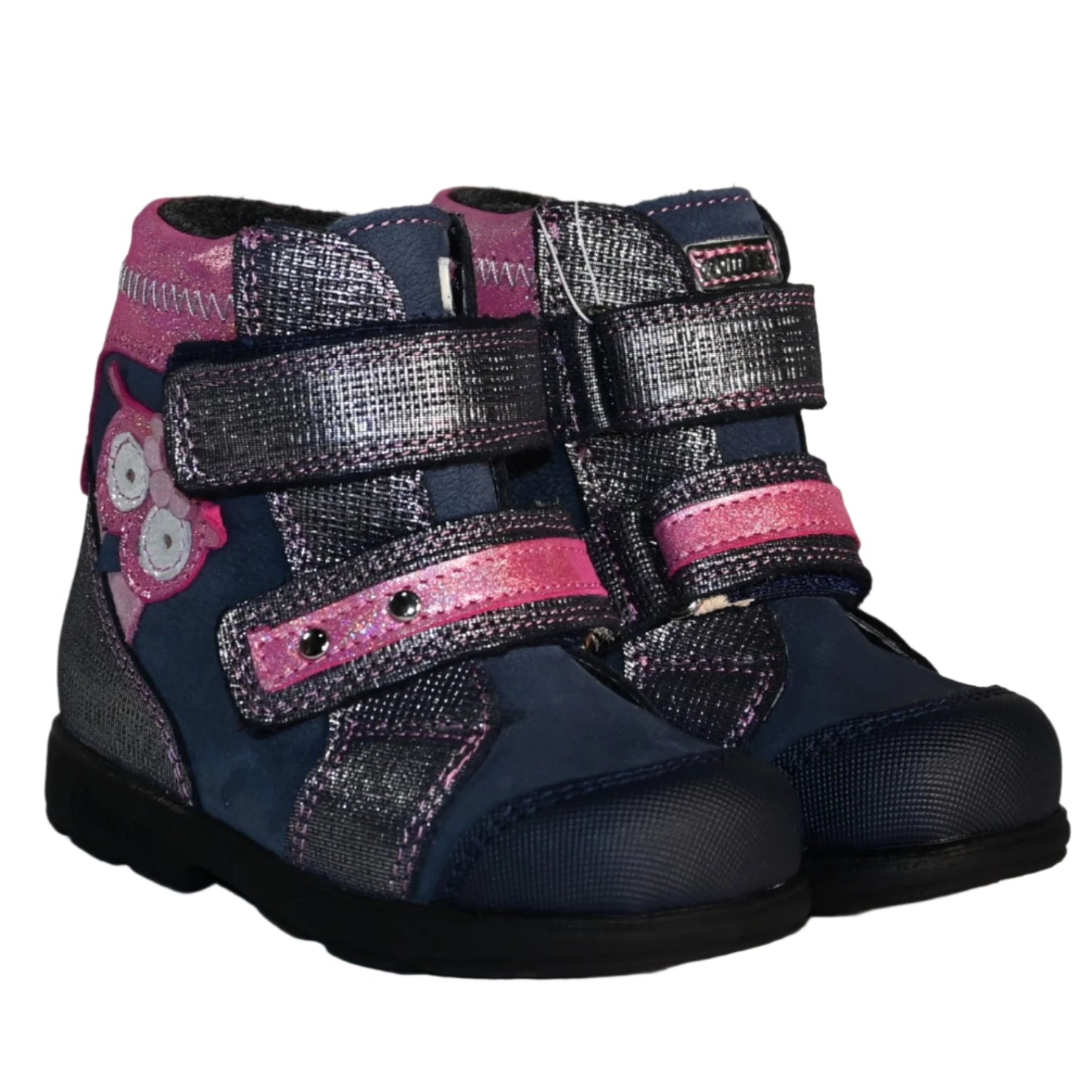Szamos Kids Girls’ Genuine Leather Orthopedic Boots – Arch Support Shoes for Flat Feet & Overpronation, with Ankle Support, Faux Fur Lining, Adjustable Straps, Navy Blue/Pink/Gray Glitter Owl Design