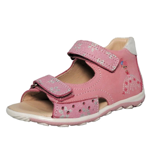 Szamos Kids Girls’ Genuine Leather Sandals – Ergonomic Supportive Sole, Stable Heel, Adjustable Hook & Loop Straps, Embroidered – Pink/Silver with ballerina Design