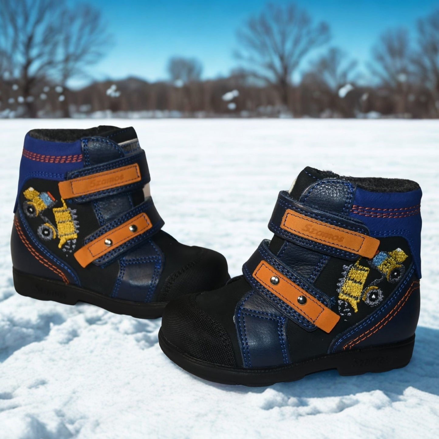 Szamos Kids Boys’ Genuine Leather Orthopedic Boots – Arch Support Shoes for Flat Feet & Overpronation, with Ankle Support, Adjustable Straps, Navy Blue/Orange with Yellow Dump Truck