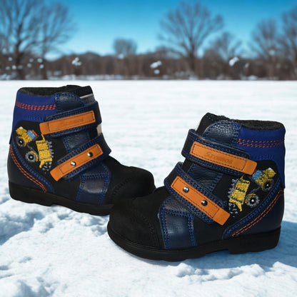 Szamos Kids Boys’ Genuine Leather Orthopedic Boots – Arch Support Shoes for Flat Feet & Overpronation, with Ankle Support, Adjustable Straps, Navy Blue/Orange with Yellow Dump Truck