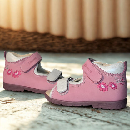 Szamos Kids Girls’ Genuine Leather Orthopedic Corrective Sandals – Arch Support Shoes for Flat Feet & Overpronation with Adjustable Hook-and-Loop Straps, Pink/White with Flowers & Butterfly Design