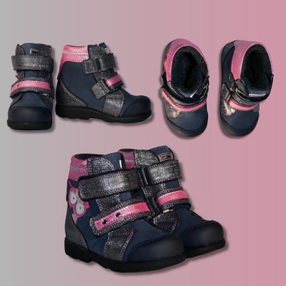 Szamos Kids Girls’ Genuine Leather Orthopedic Boots – Arch Support Shoes for Flat Feet & Overpronation, with Ankle Support, Faux Fur Lining, Adjustable Straps, Navy Blue/Pink/Gray Glitter Owl Design
