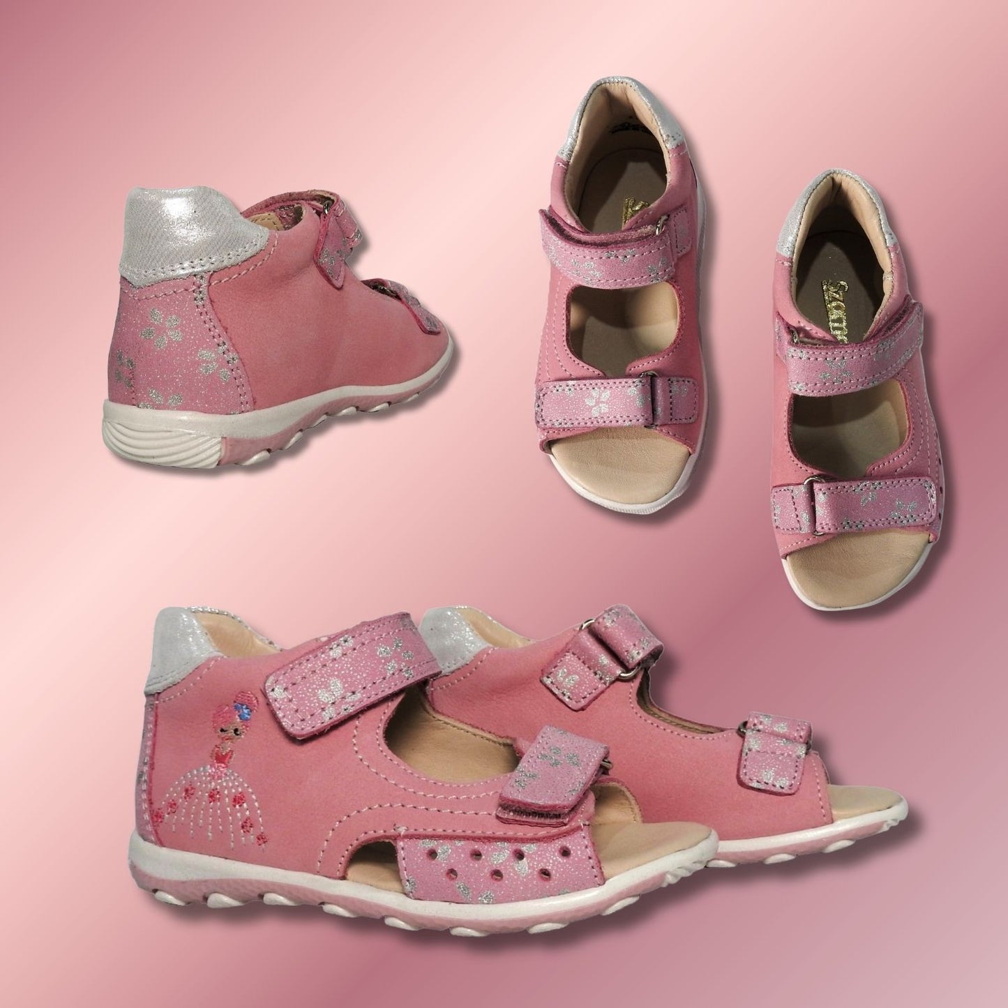 Szamos Kids Girls’ Genuine Leather Sandals – Ergonomic Supportive Sole, Stable Heel, Adjustable Hook & Loop Straps, Embroidered – Pink/Silver with ballerina Design