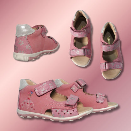 Szamos Kids Girls’ Genuine Leather Sandals – Ergonomic Supportive Sole, Stable Heel, Adjustable Hook & Loop Straps, Embroidered – Pink/Silver with ballerina Design