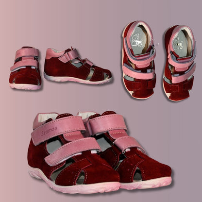 Szamos Kids Boys' Genuine Leather Closed-Toe Sandals – Burgundy and Pink with Ergonomic Supportive Sole and Easy Hook-and-Loop Closure