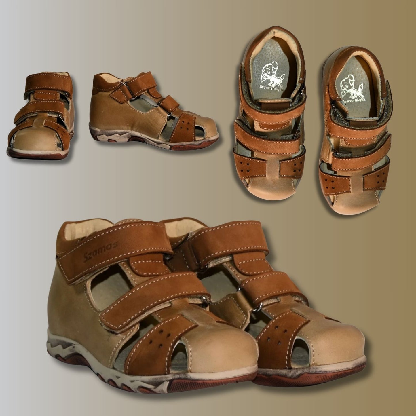 Szamos Kids Boys' Genuine Leather Closed-Toe Sandals – Light Brown with Ergonomic Sole and Easy Hook-and-Loop Closure
