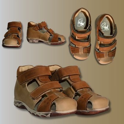 Szamos Kids Boys' Genuine Leather Closed-Toe Sandals – Light Brown with Ergonomic Sole and Easy Hook-and-Loop Closure