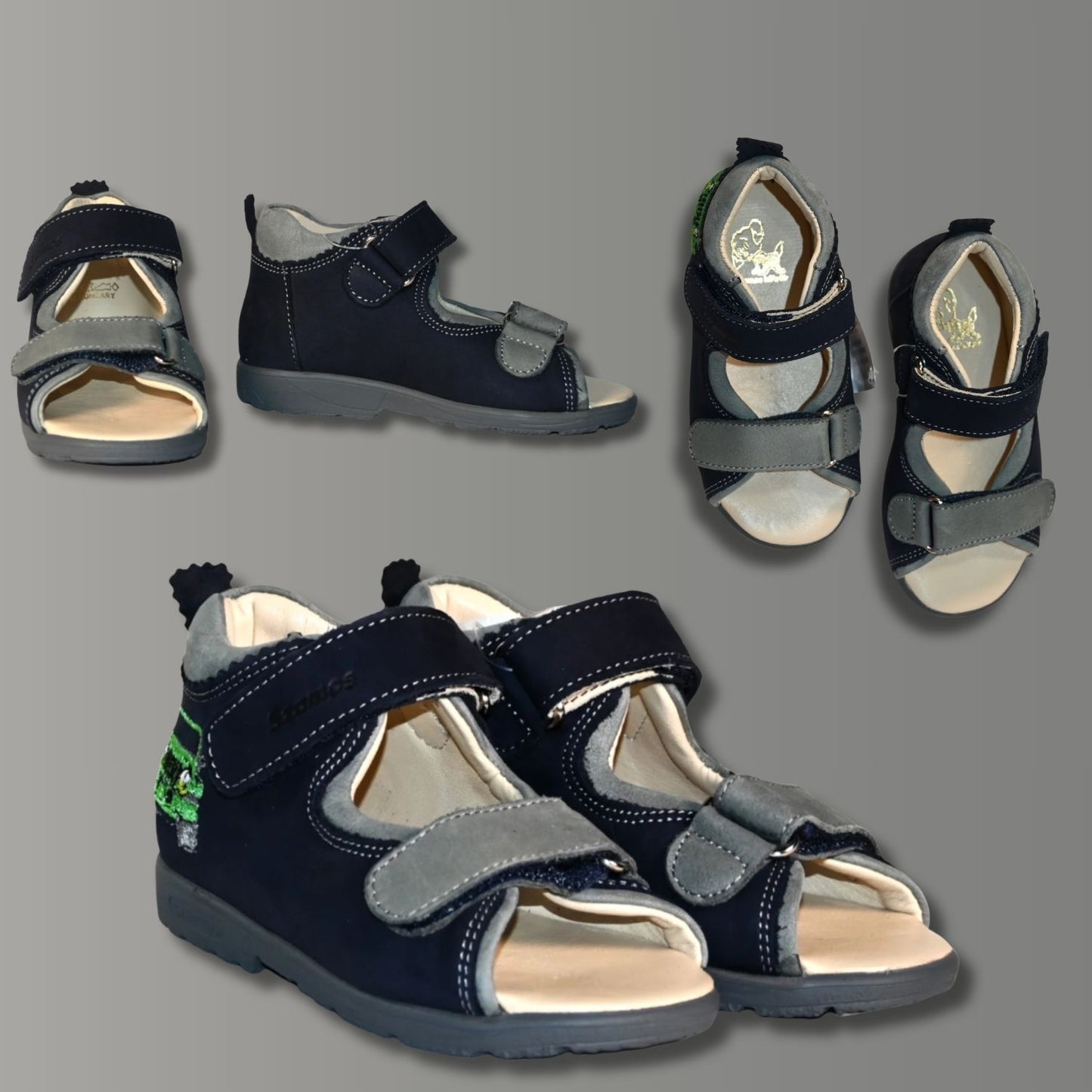 Szamos Kids Boys' Leather Orthopedic Corrective Sandals – Arch Support Shoes for Flat Feet & Overpronation with Adjustable Hook-and-Loop Straps, Navy blue with green off-road car design.