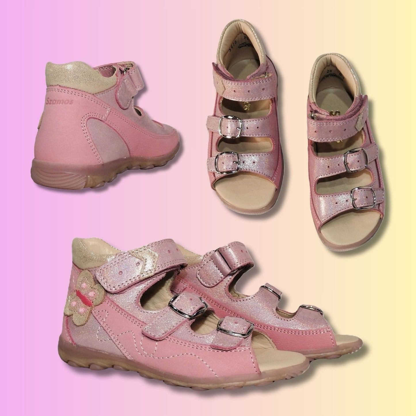 Szamos Kids Girls’ Genuine Leather Sandals – Ergonomic Supportive Sole, Stable Heel, Flexible Forefoot, Adjustable Hook & Loop Straps, Embroidered – Pink/Silver with Butterfly Design