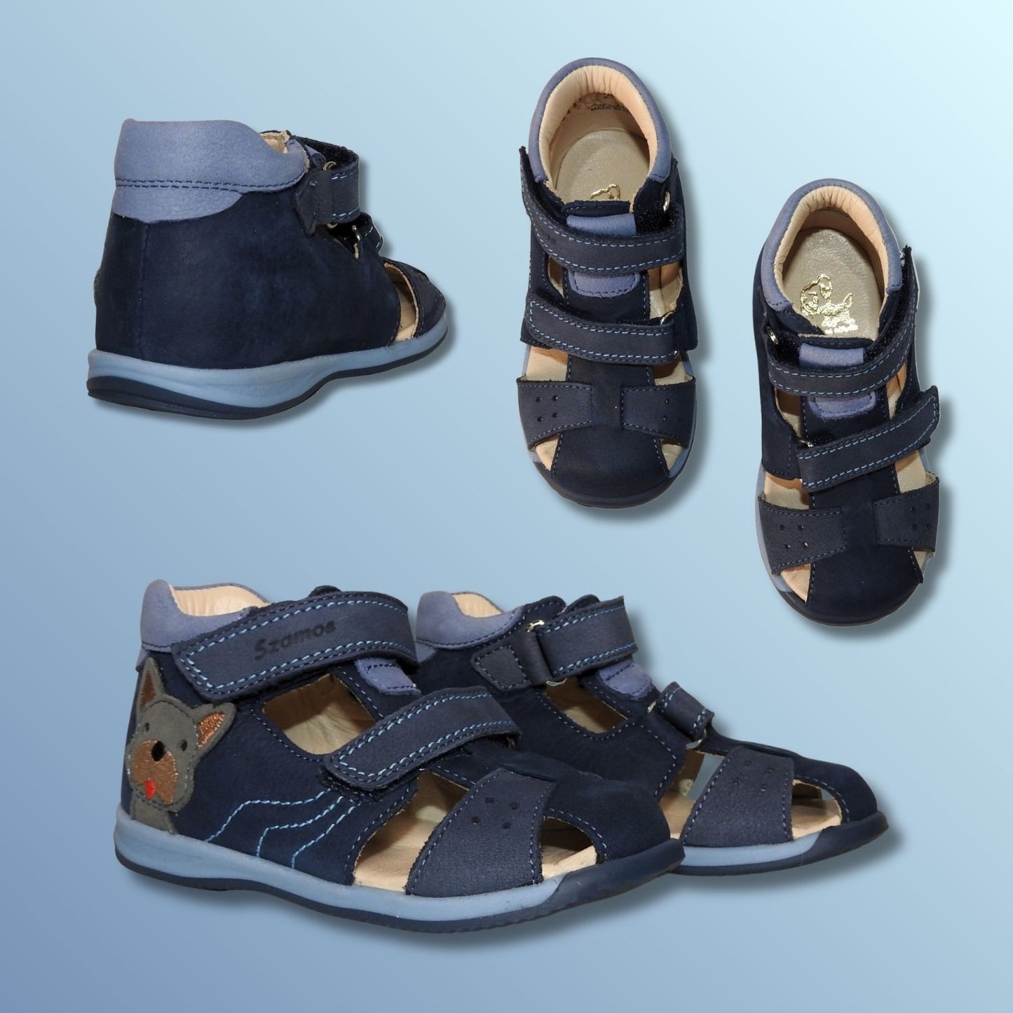 Szamos Kids Boys' Closed-Toe Sandals – Genuine Leather, Ergonomic Sole, Adjustable Hook & Loop Straps, Navy/Light Blue with Puppy Design