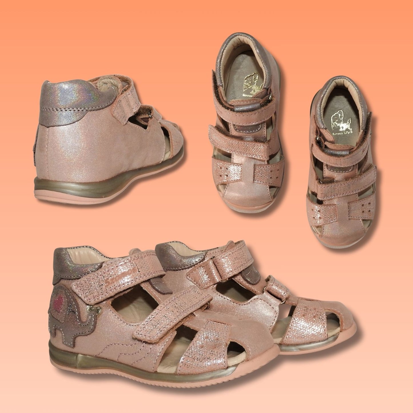 Szamos Kids Girls' Closed-Toe Sandals – Genuine Leather, Ergonomic Sole, Adjustable Hook & Loop Straps, Pink/Silver with Elephant Design
