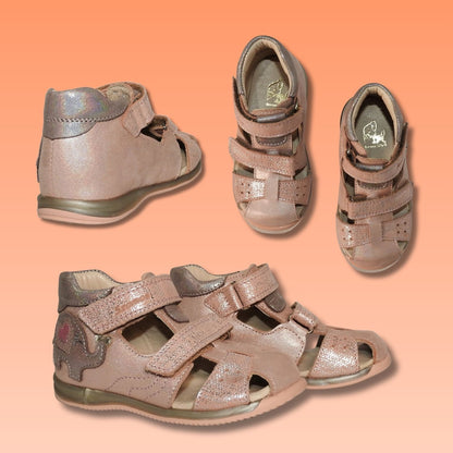 Szamos Kids Girls' Closed-Toe Sandals – Genuine Leather, Ergonomic Sole, Adjustable Hook & Loop Straps, Pink/Silver with Elephant Design