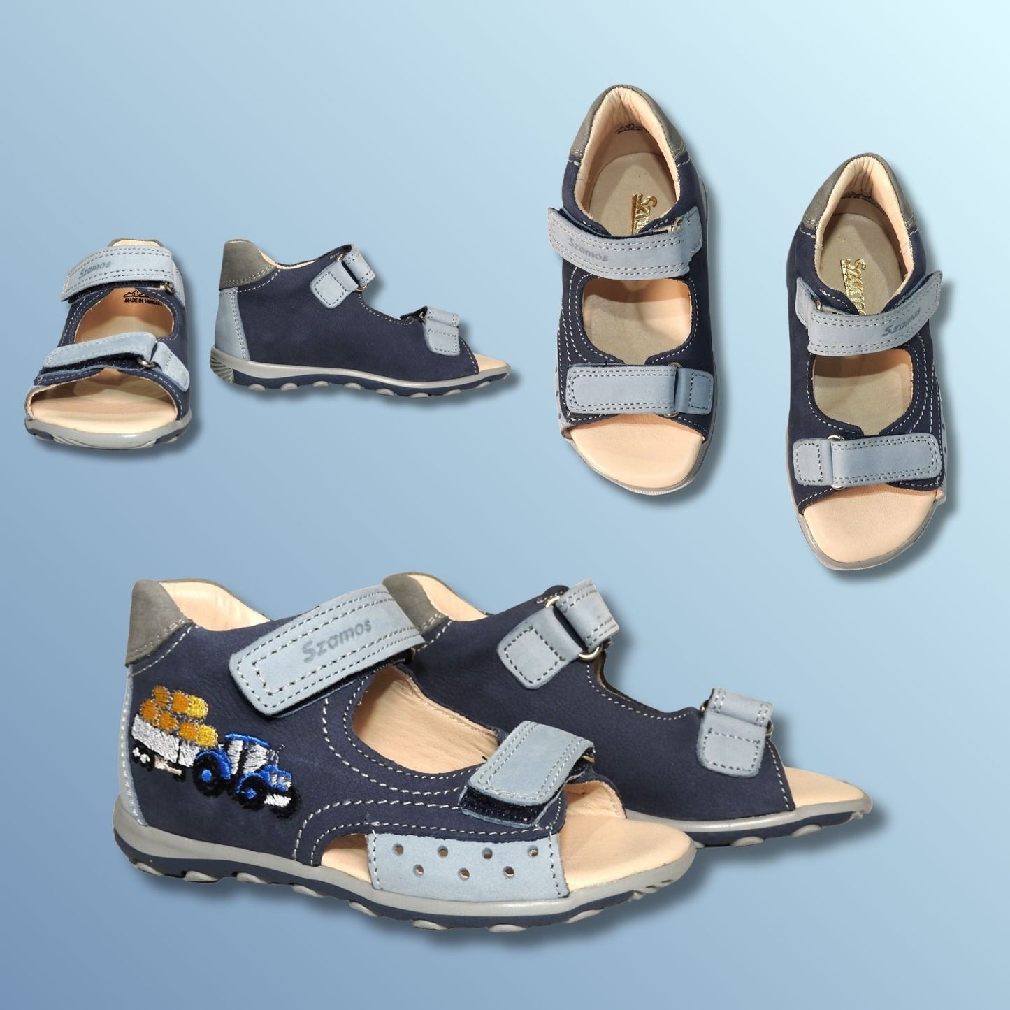 Szamos Kids Boys’ Genuine Leather Sandals – Ergonomic Supportive Sole, Stable Heel, Adjustable Hook & Loop Straps, Embroidered – Navy Blue/Silver with Farmer Tractor Design