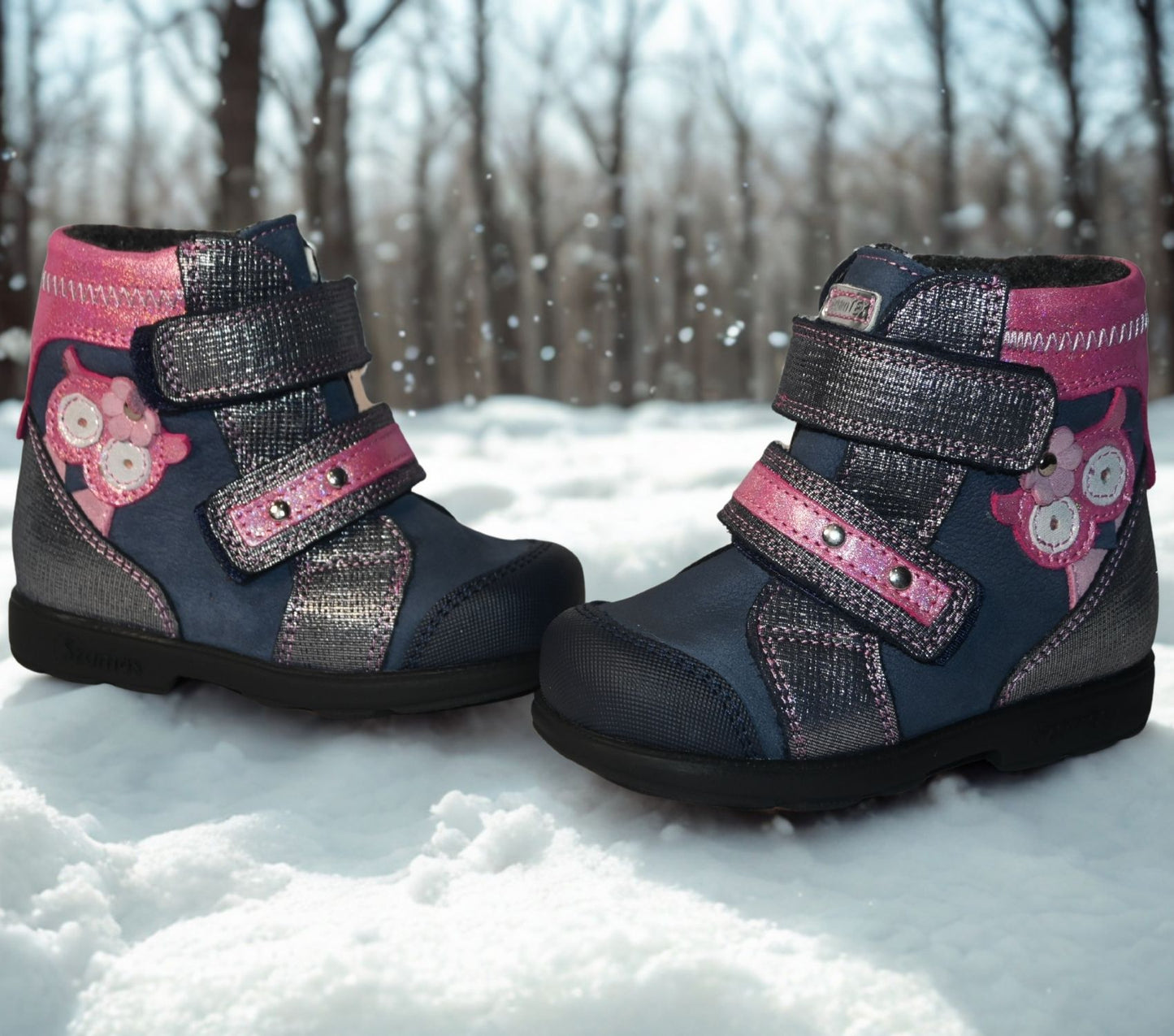 Szamos Kids Girls’ Genuine Leather Orthopedic Boots – Arch Support Shoes for Flat Feet & Overpronation, with Ankle Support, Faux Fur Lining, Adjustable Straps, Navy Blue/Pink/Gray Glitter Owl Design
