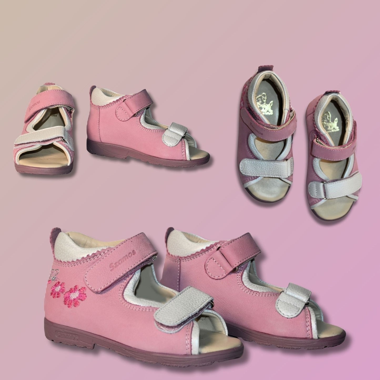 Szamos Kids Girls’ Genuine Leather Orthopedic Corrective Sandals – Arch Support Shoes for Flat Feet & Overpronation with Adjustable Hook-and-Loop Straps, Pink/White with Flowers & Butterfly Design