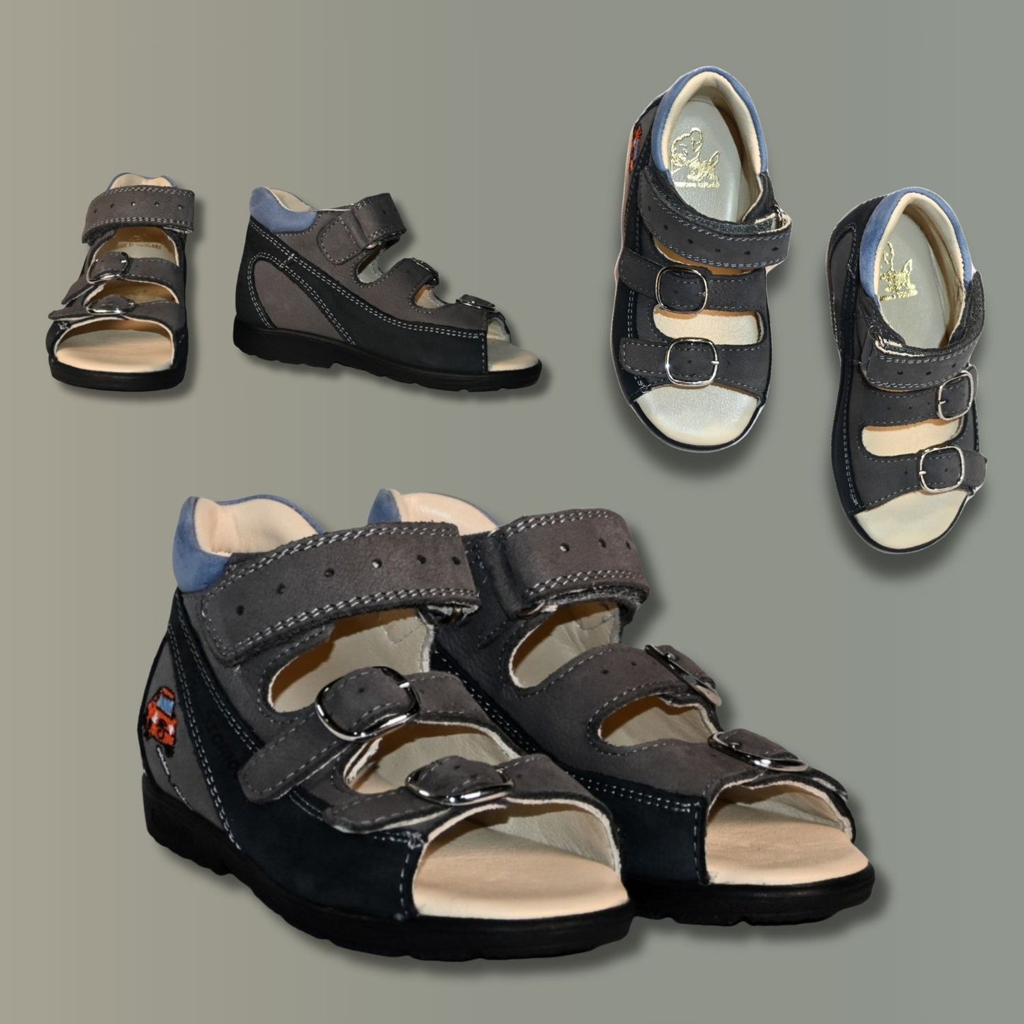 Szamos Kids Boys’ Genuine Leather Orthopedic Corrective Sandals – Arch Support Shoes, Ankle Support, for Flat Feet & Overpronation with Adjustable Hook & Loop Straps, Navy/Light Blue/Gray with Red Racing Car Design