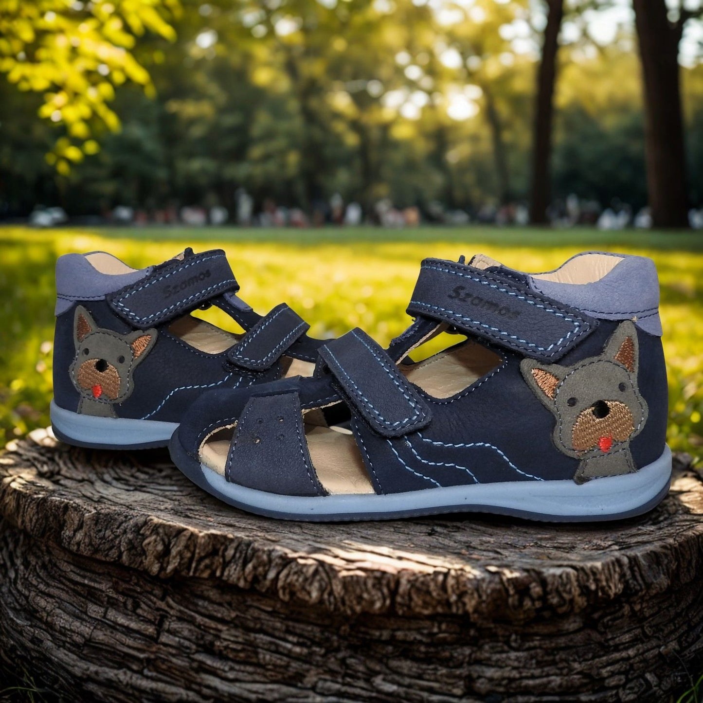 Szamos Kids Boys' Closed-Toe Sandals – Genuine Leather, Ergonomic Sole, Adjustable Hook & Loop Straps, Navy/Light Blue with Puppy Design