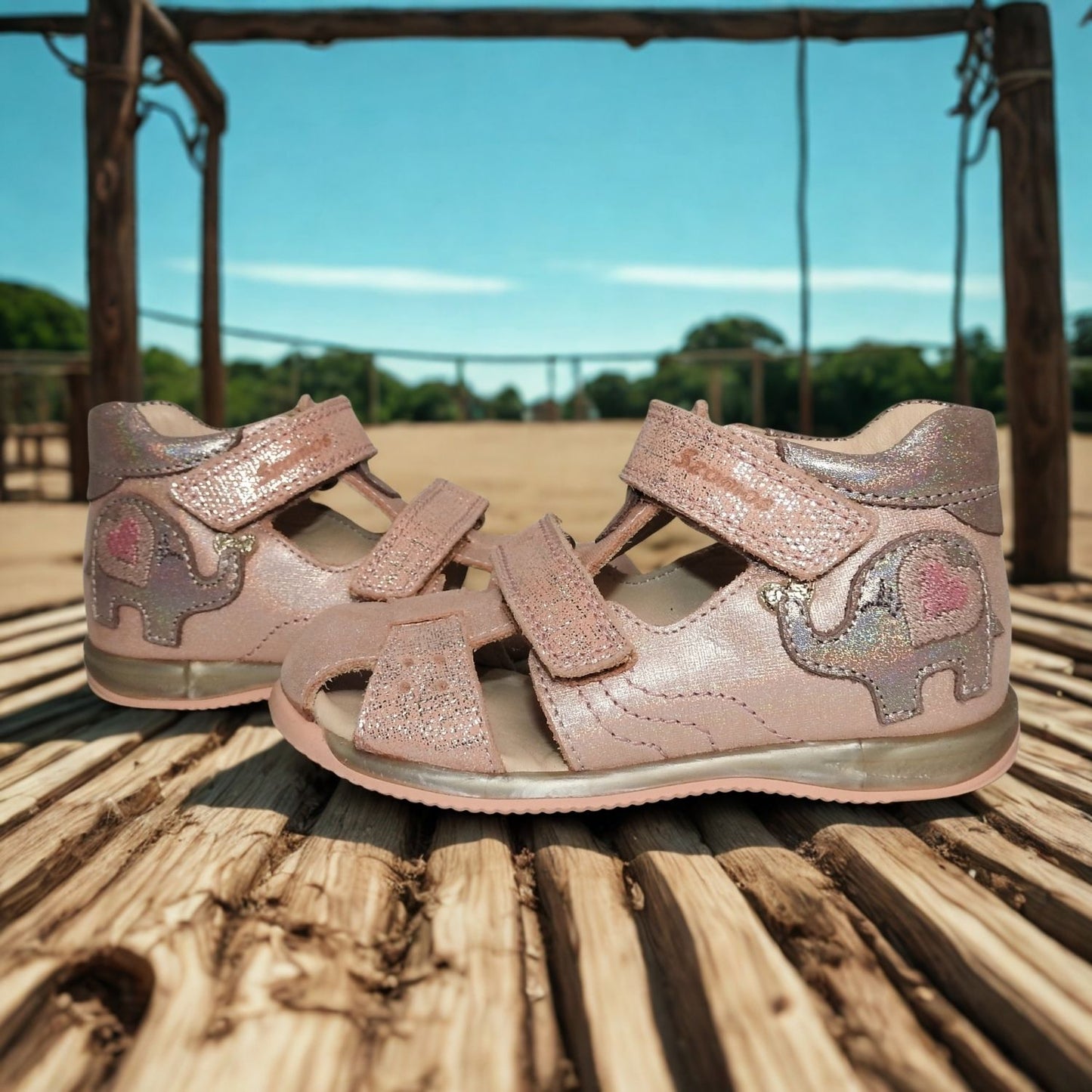 Szamos Kids Girls' Closed-Toe Sandals – Genuine Leather, Ergonomic Sole, Adjustable Hook & Loop Straps, Pink/Silver with Elephant Design