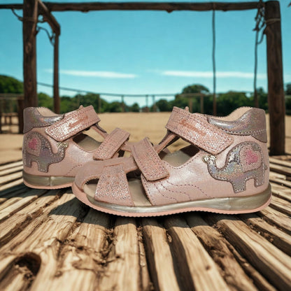 Szamos Kids Girls' Closed-Toe Sandals – Genuine Leather, Ergonomic Sole, Adjustable Hook & Loop Straps, Pink/Silver with Elephant Design
