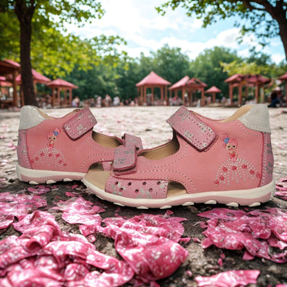 Szamos Kids Girls’ Genuine Leather Sandals – Ergonomic Supportive Sole, Stable Heel, Adjustable Hook & Loop Straps, Embroidered – Pink/Silver with ballerina Design